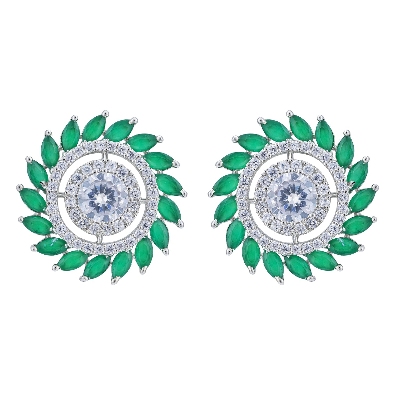 925 Sterling Silver Floral Starburst Green Accents Earrings for Women