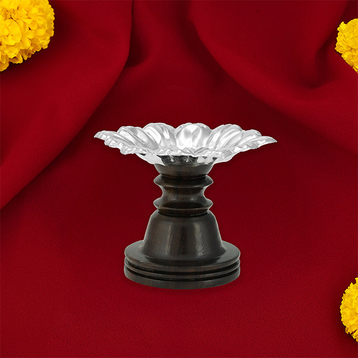 925 Sterling Silver Flower Diya deepam Rosewood Stand For Pooja