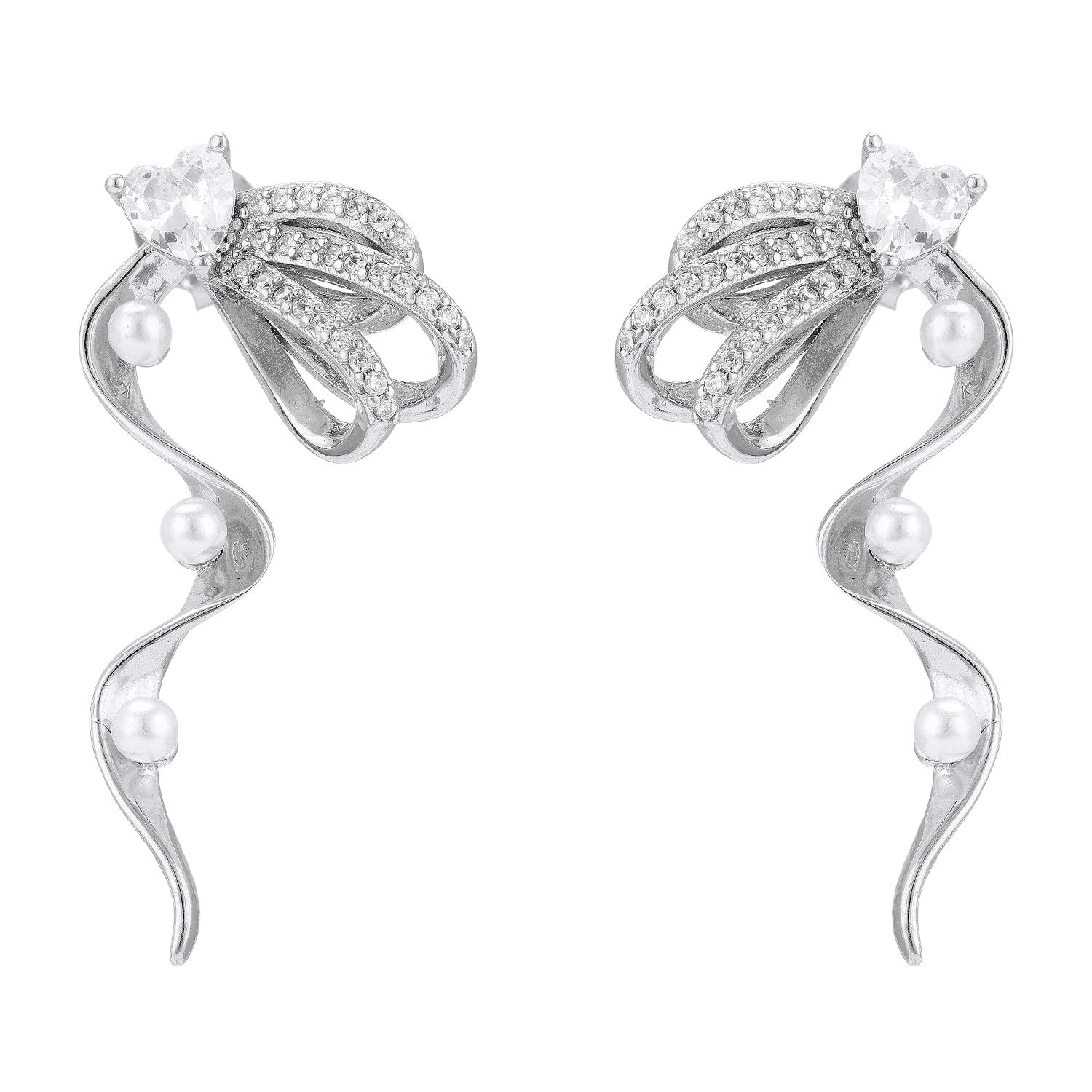 925 Sterling Silver Flowing Wave Design Rhodium Plated Pearl Cascade Curved Swirl Earrings for Women