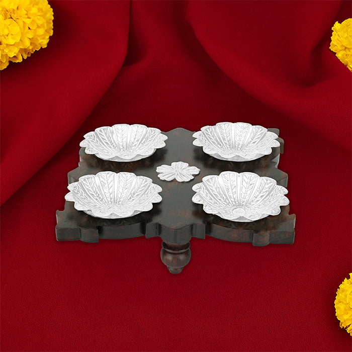 925 Sterling Silver Four Floral Pattern Bowl Rosewood Base  For Pooja