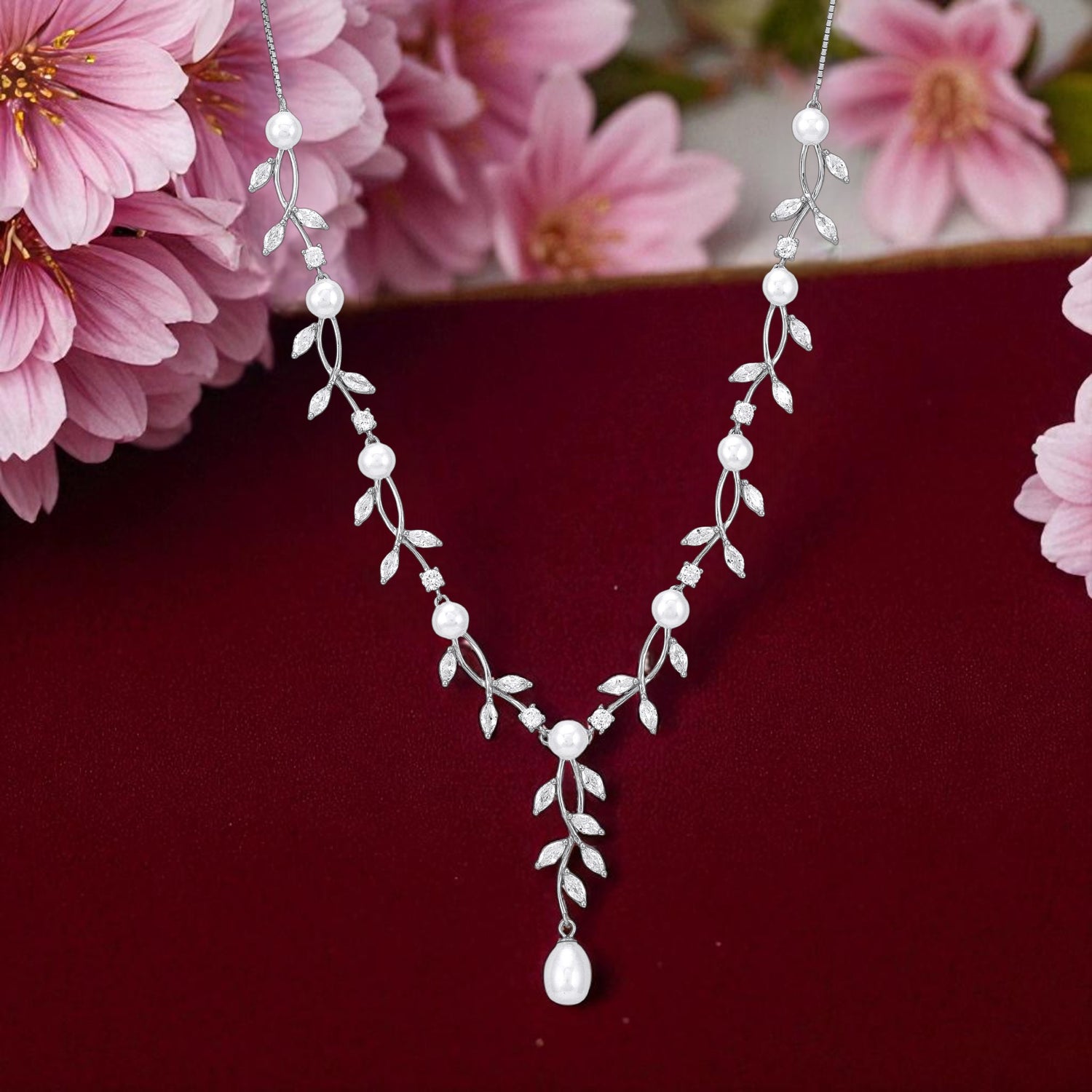 925 Sterling Silver Frosted Vine Pearl Leaf Sprigs Necklace for Women