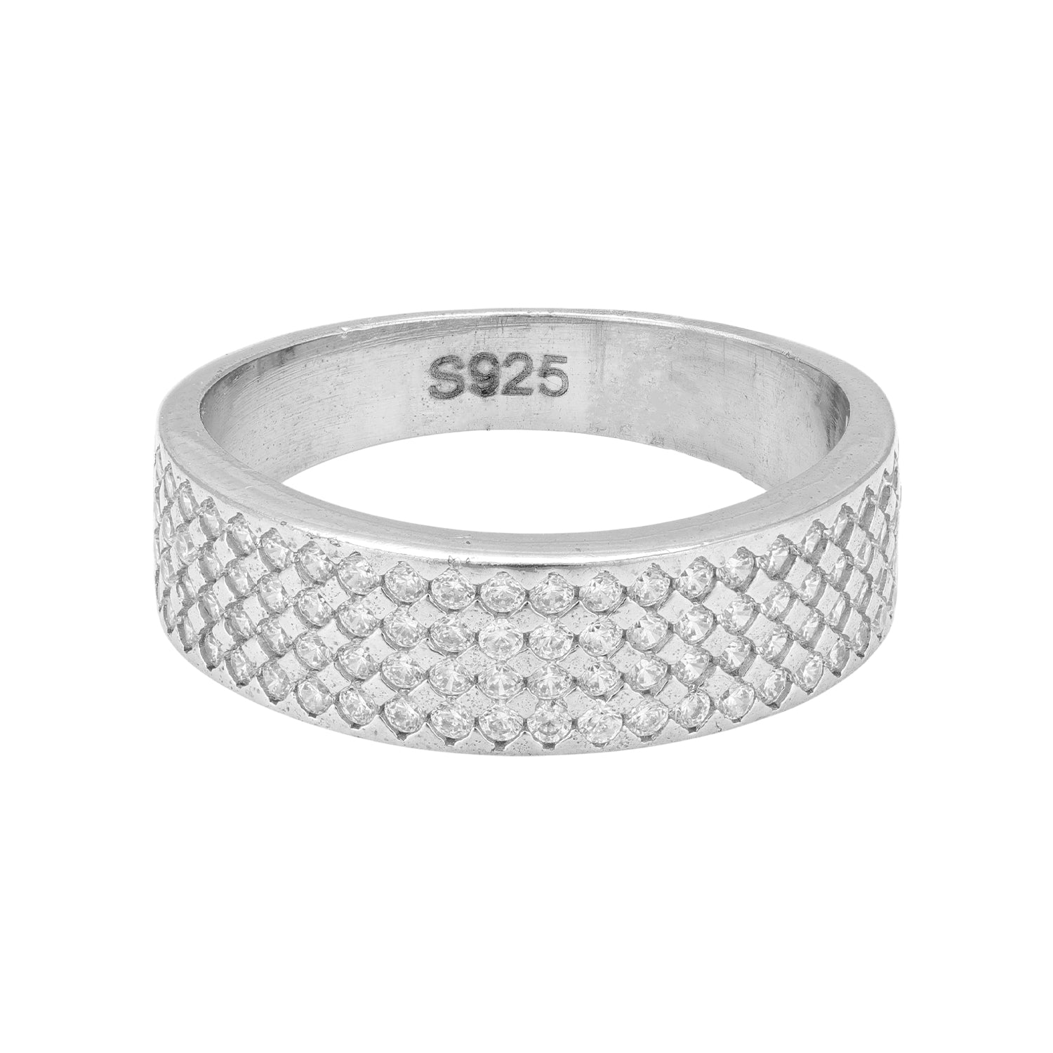 925 Sterling Silver Full Pave Set Cushion Texture Wide Band Statement Ring for Men