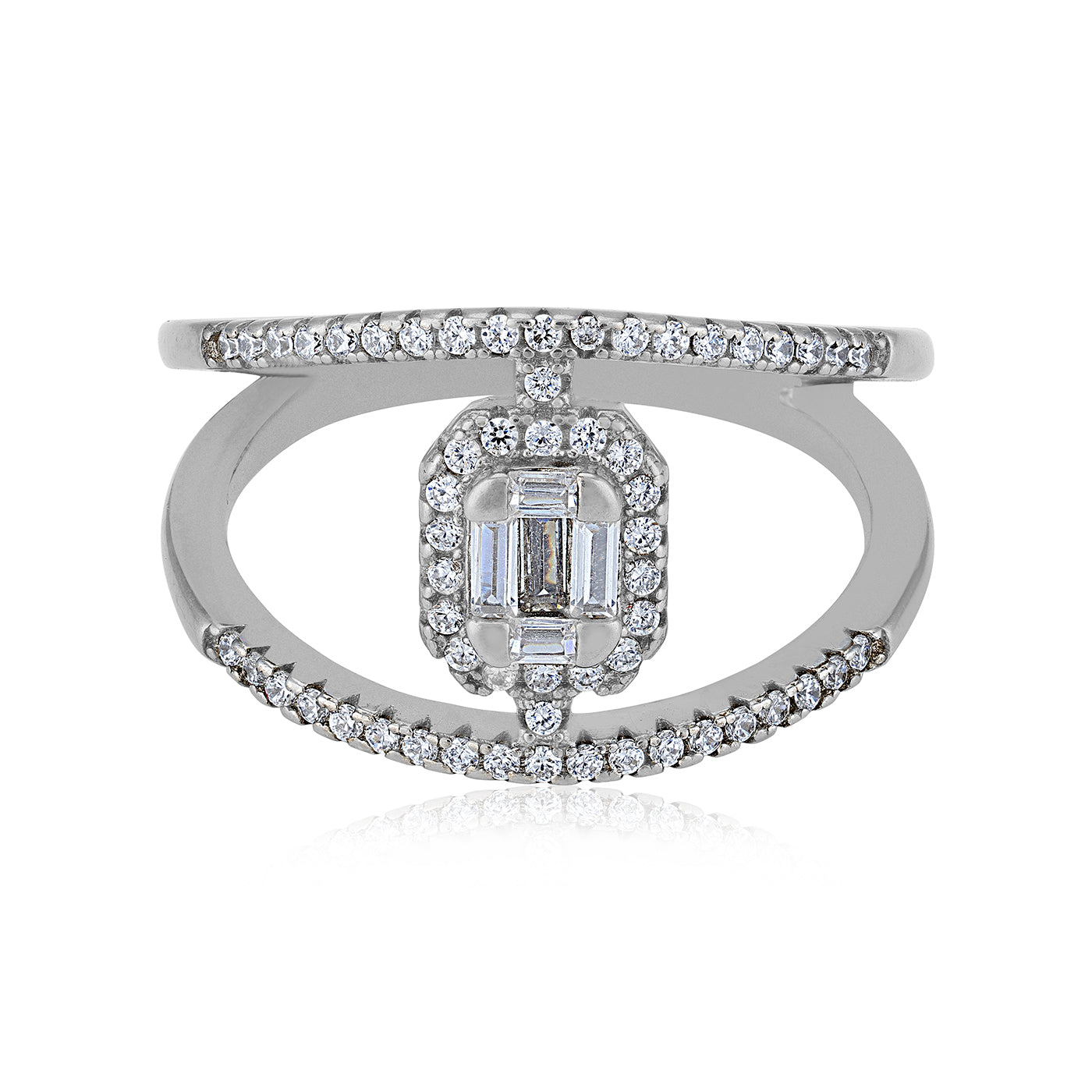 925 Sterling Silver Geometric Baguette-Cut Halo Diamond Band Rhodium Plated Ring for Women