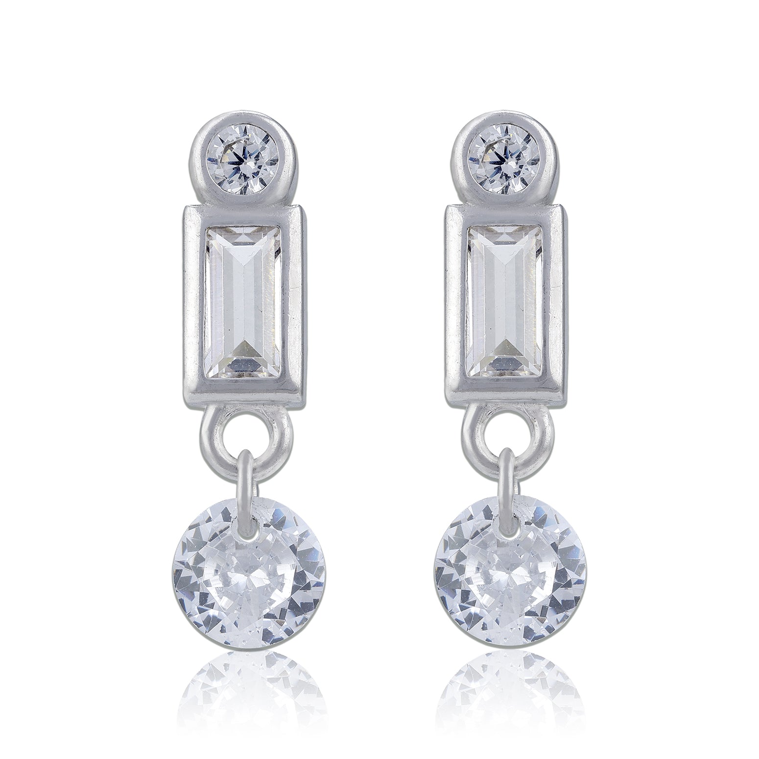925 Sterling Silver Geometric Baguette and Round Drop Earring for Women
