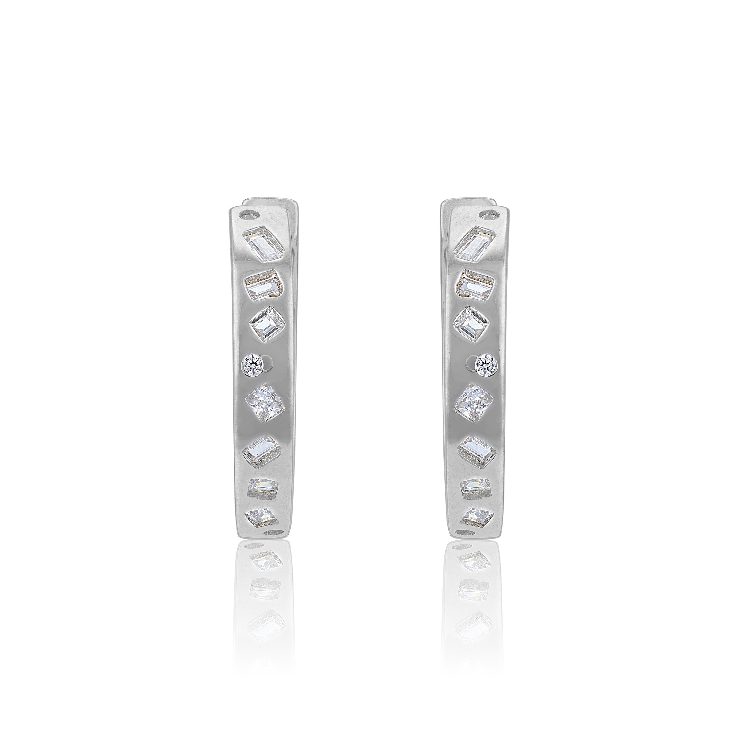 925 Sterling Silver Geometric Diamond Cut Hoop Rhodium Plated Earrings for Women