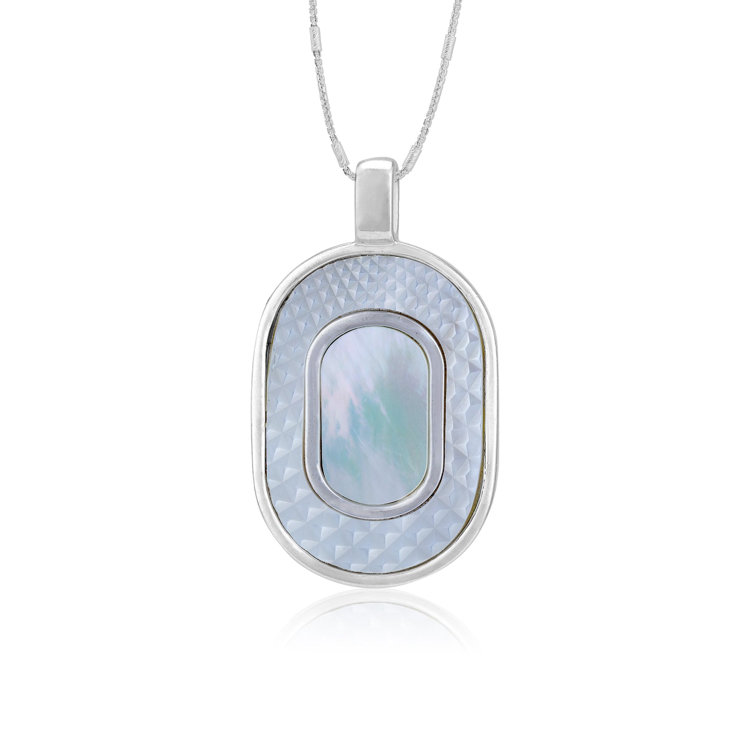 925 Sterling Silver Geometric Mother of Pearl Oval  Textured Frame Pendant for Women