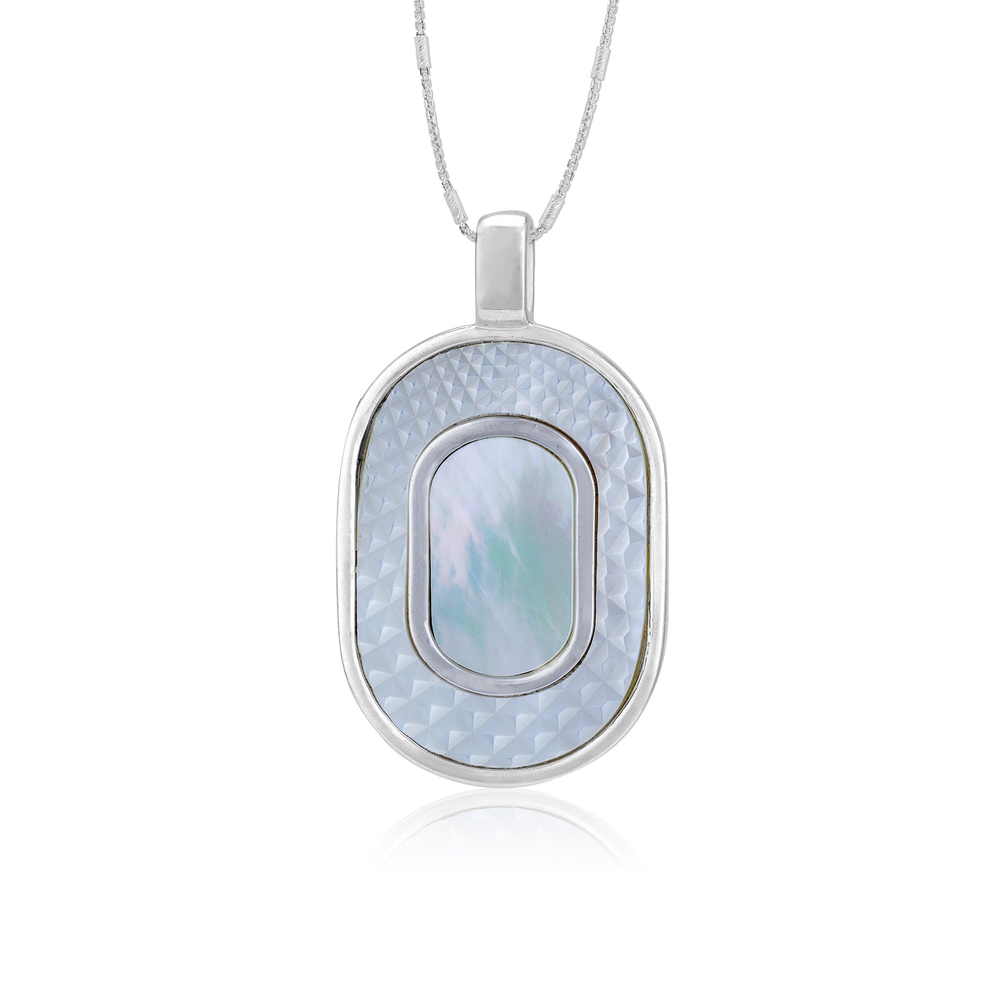 925 Sterling Silver Geometric Mother of Pearl Oval  Textured Frame Pendant for Women