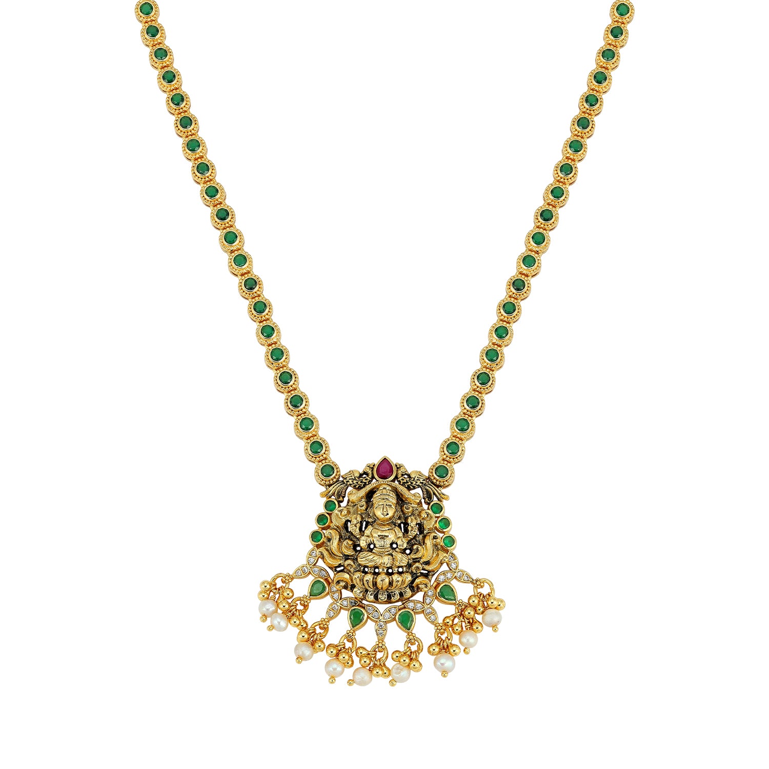 925 Sterling Silver Gold Plated Classic Lakshmi Featuring Emerald Accents Necklace for Women