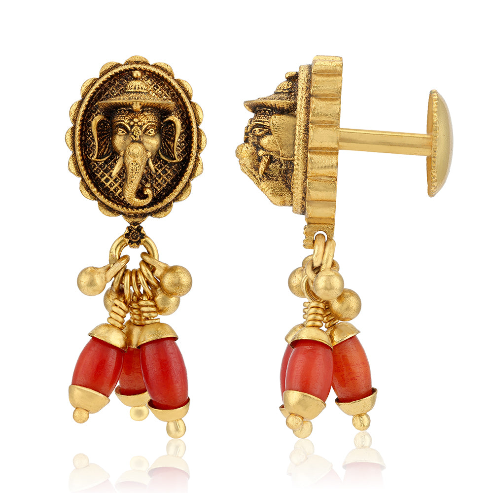 925 Sterling Silver Gold Plated Antique Ganesha Top Traditional Red Dangles Earrings for Women