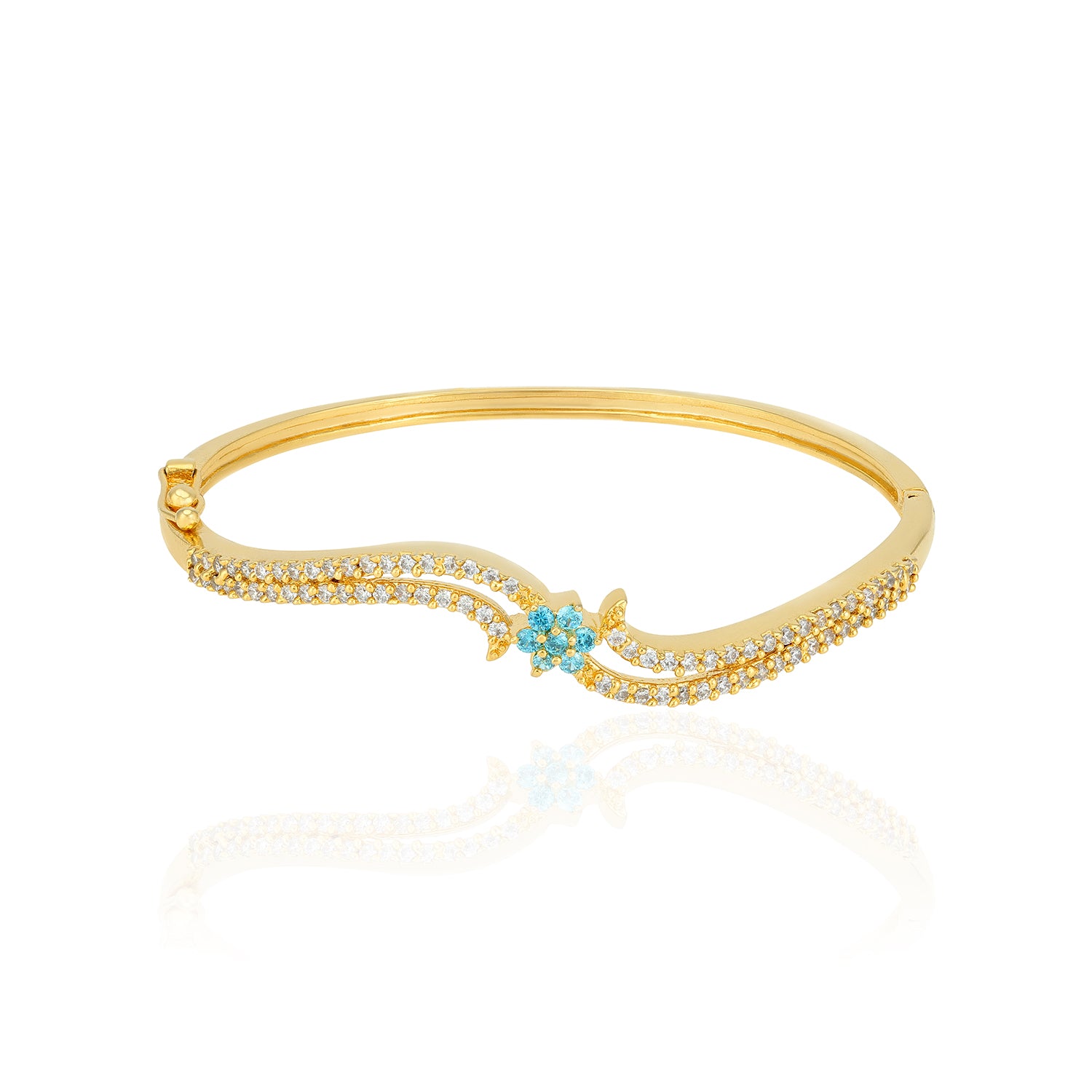 925 Sterling Silver Gold Plated Blue Floral Centre Curved Kada For Women