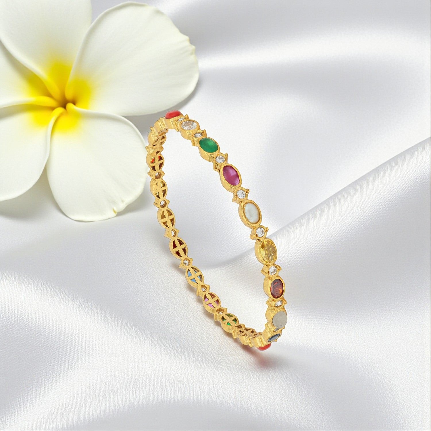 925 Sterling Silver Gold Plated Ellipse Navaratna Stone Bangle for Women