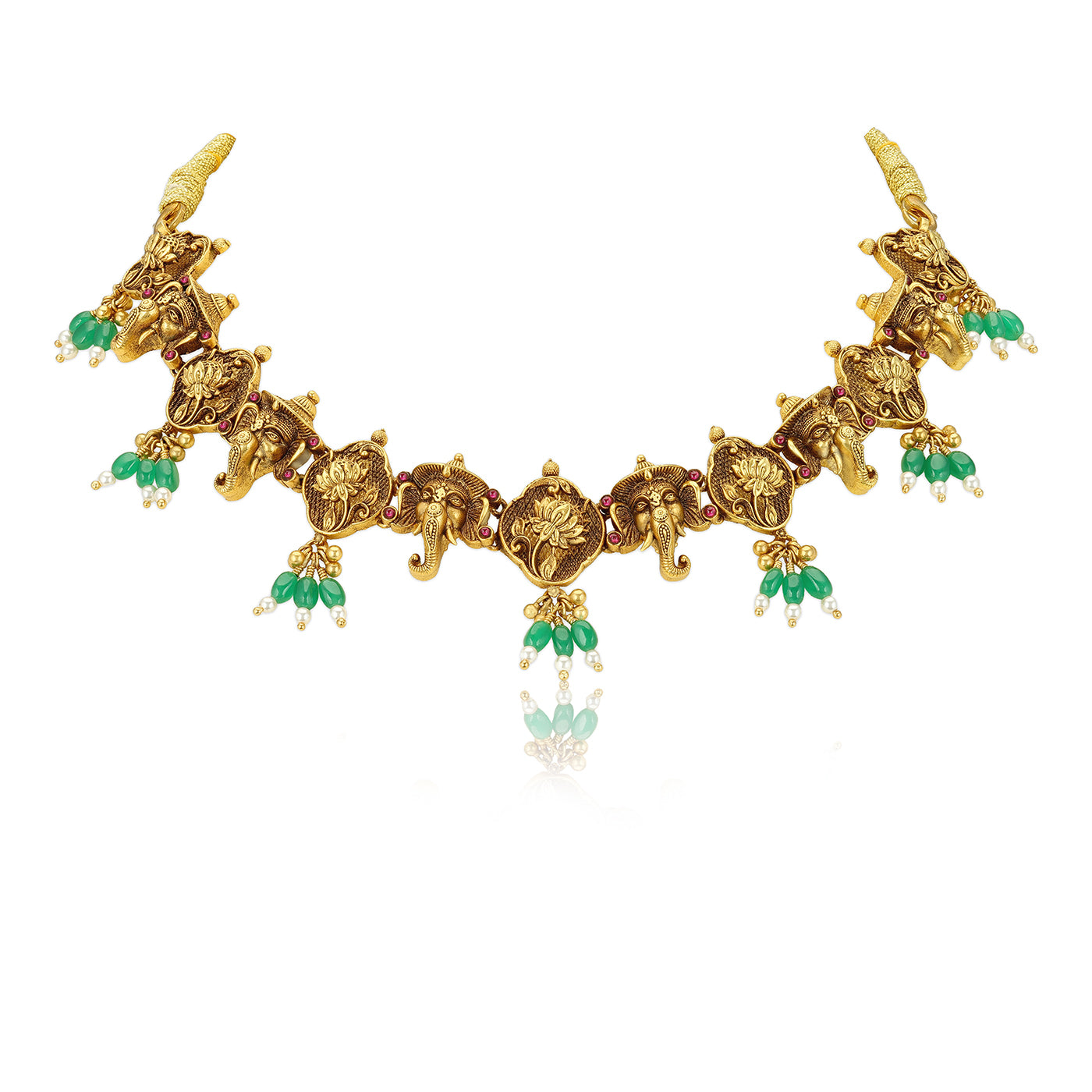 925 Sterling Silver Gold Plated Ganapati Emerald Drop Temple Necklace for Women