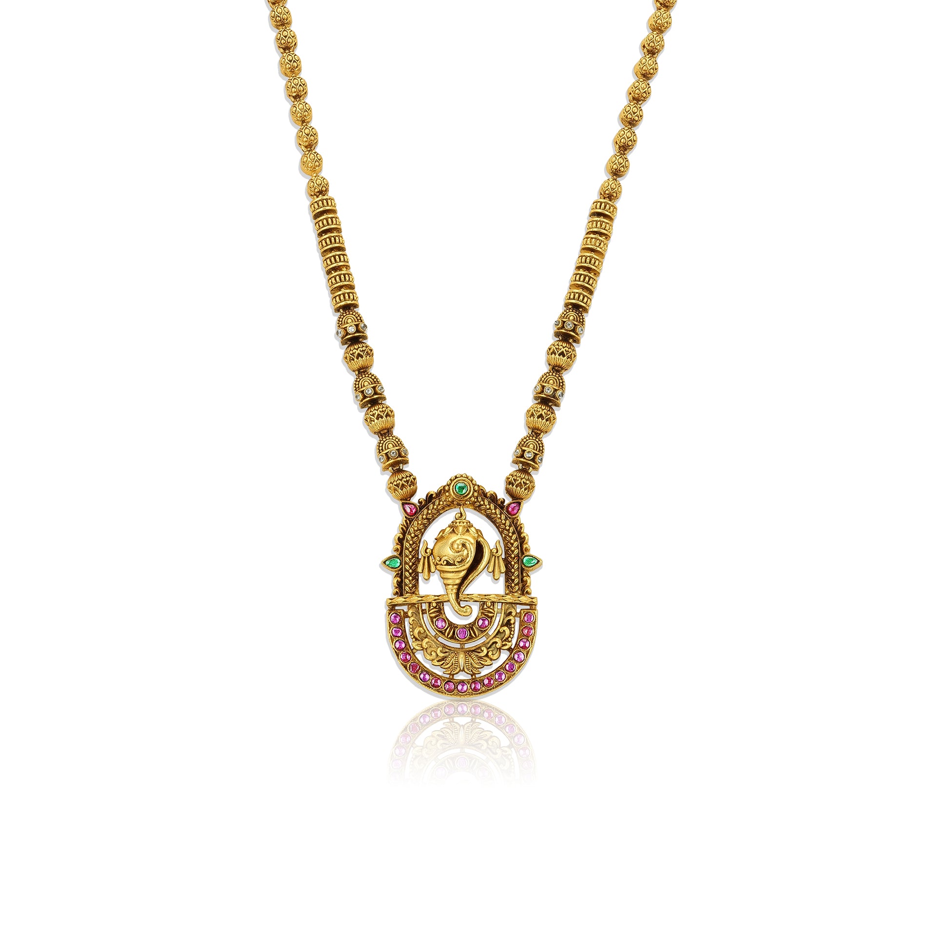 925 Sterling Silver Gold Plated Indian Shankh Pendant Spherical Beads Haram for Women