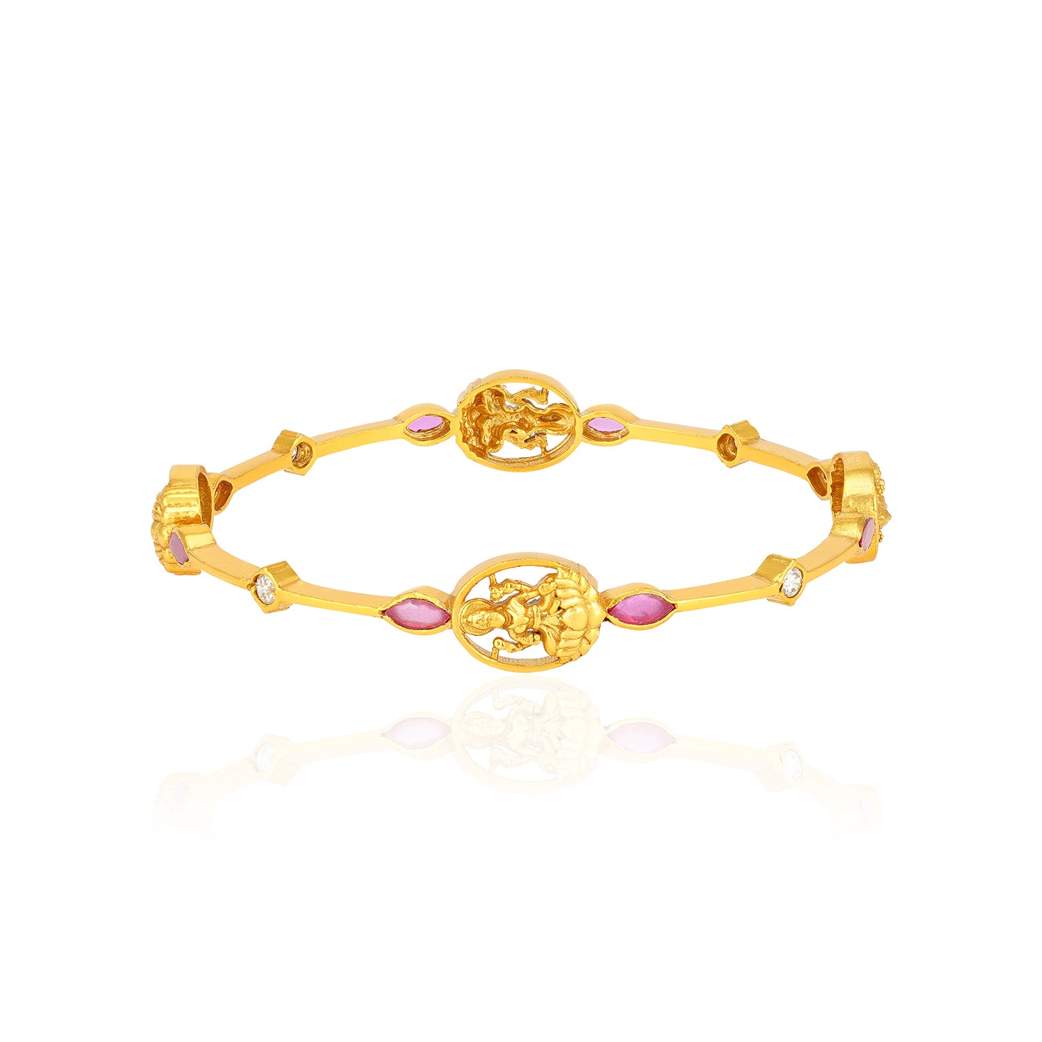 925 Sterling Silver Gold Plated Lakshmi Idol Pink Meenakari Leaf Accents Bangles for Women