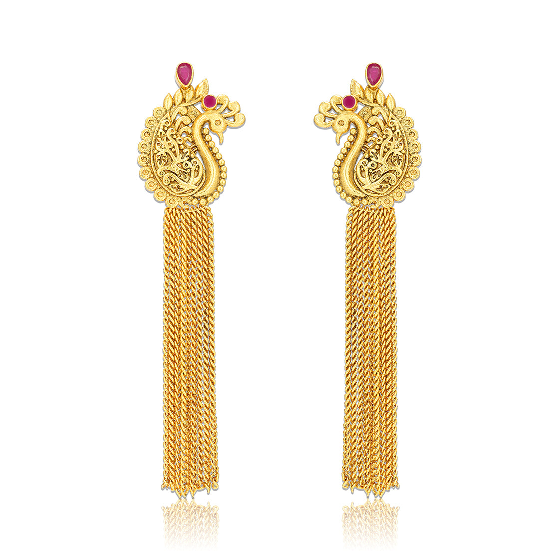 925 Sterling Silver Gold Plated Peacock Crest Tassel Ruby Accents Earrings for Women