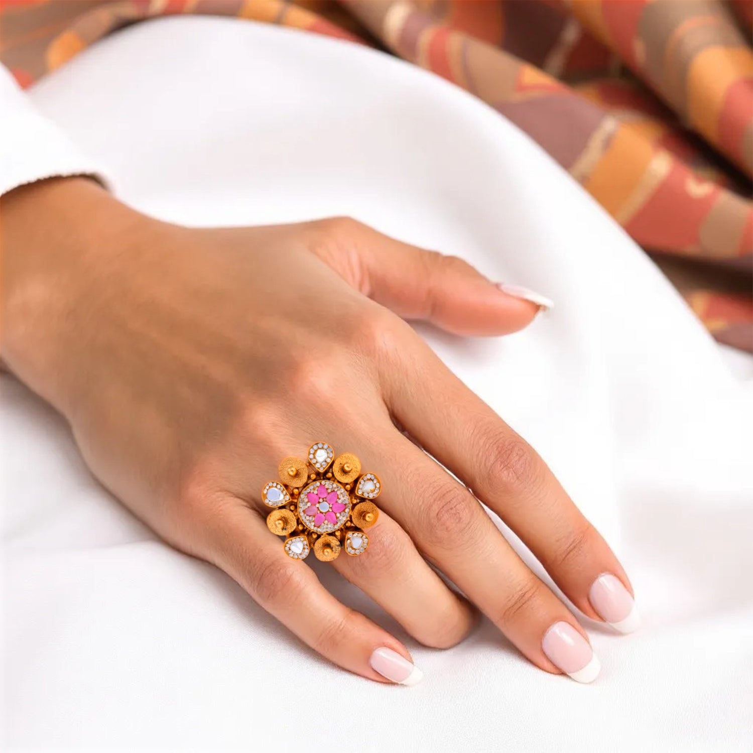 925 Sterling Silver Golden Petal Mirror Stone Ring for Women