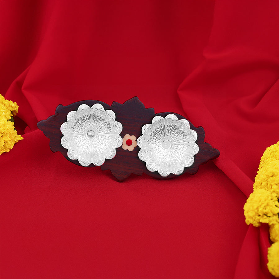 925 Sterling Silver Haldi Kumkum Floral Design Dual Bowl Rosewood Stand For Pooja