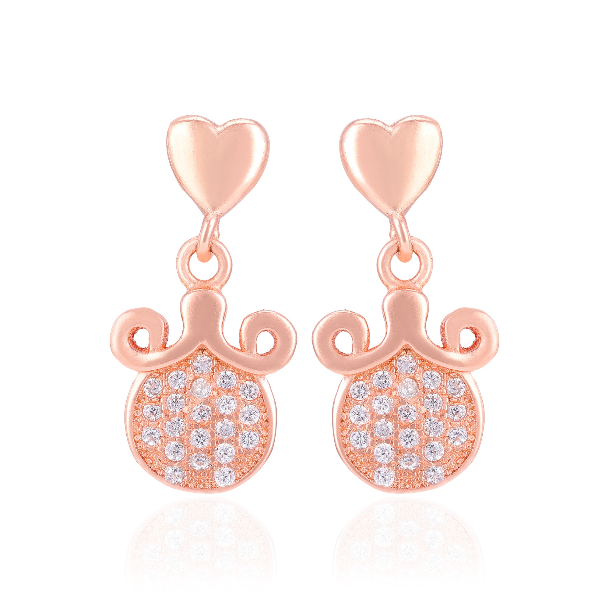 925 Sterling Silver Heart Top Curved Crown Drop Rose Gold Plated Earrings For Women
