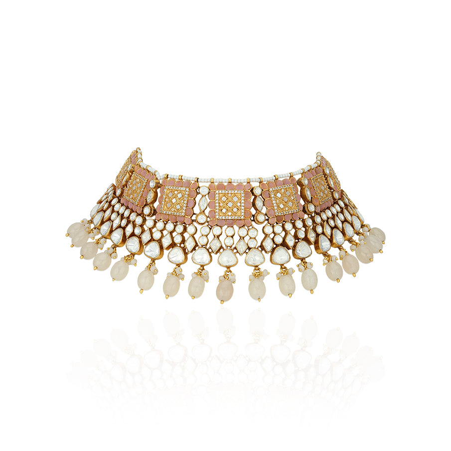 925 silver choker necklace with pink pearls and Polki stones, gold-plated and handcrafted in a heritage-inspired design.