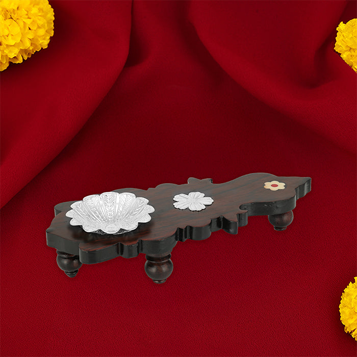 925 Sterling Silver Karpoora Harathi Holder With Rosewood Stand For Pooja