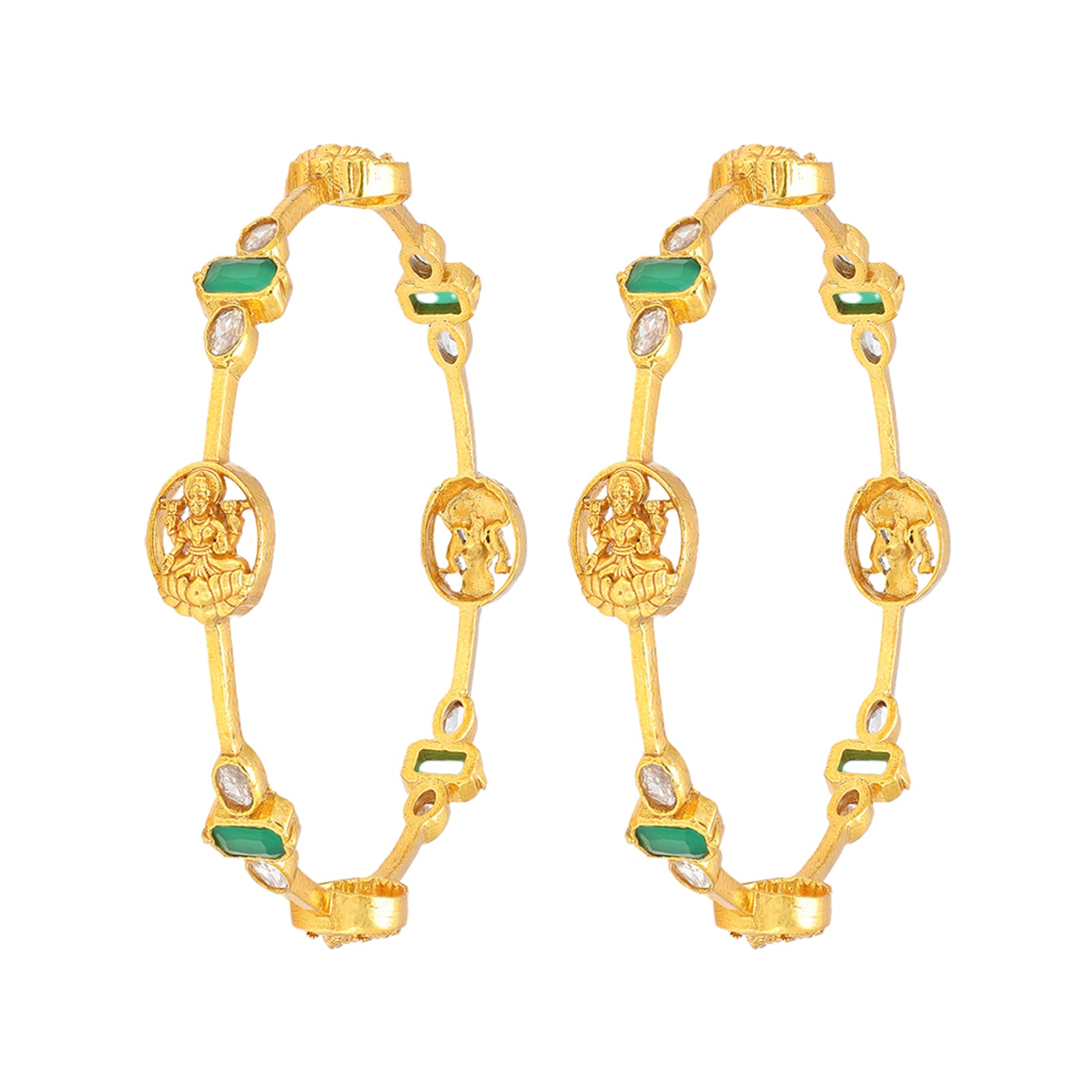 925 Sterling Silver Lakshmi Graced Divine Emerald Radiance Bangle For Women