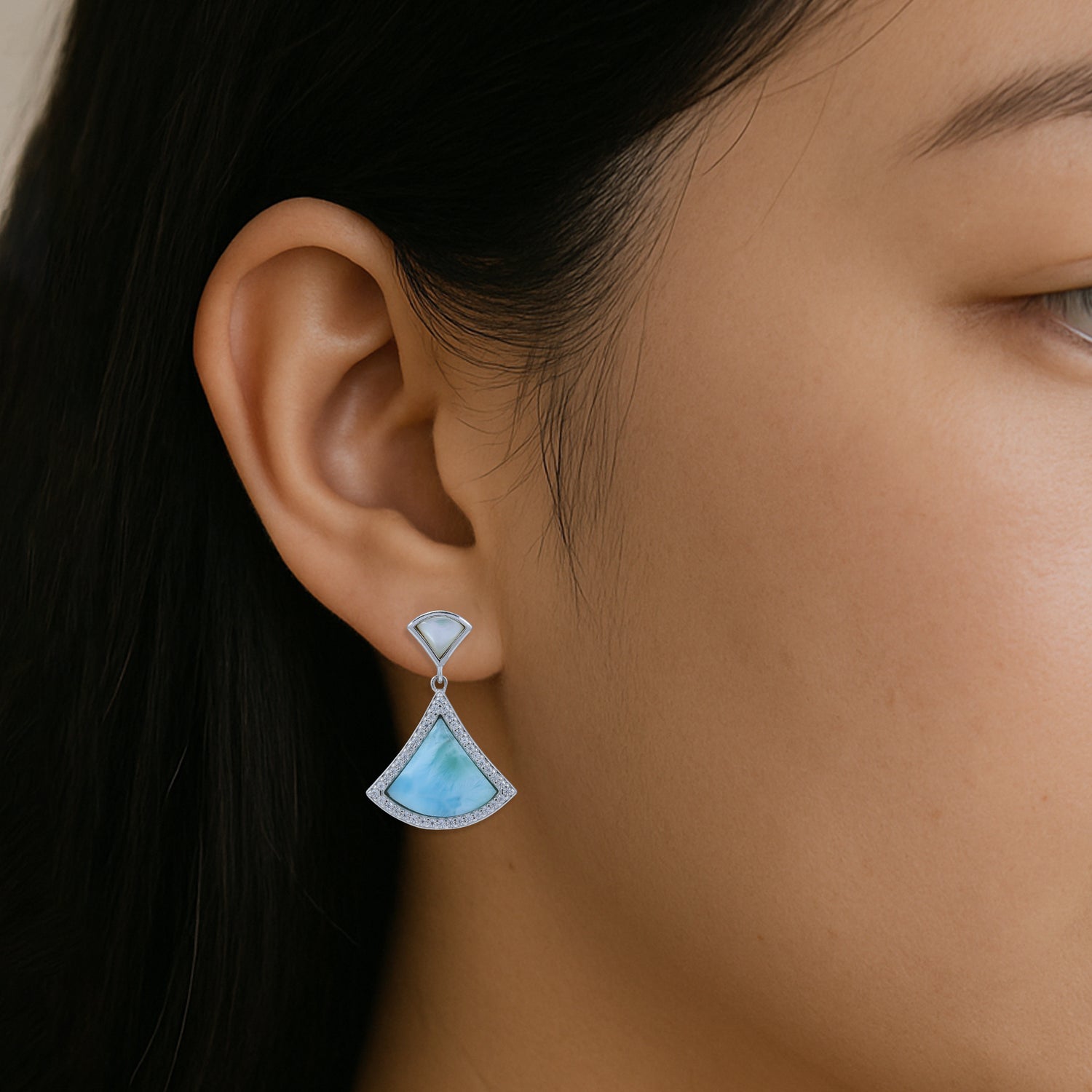 925 Sterling Silver Larimar Triangle Pave Statement Earrings for Women