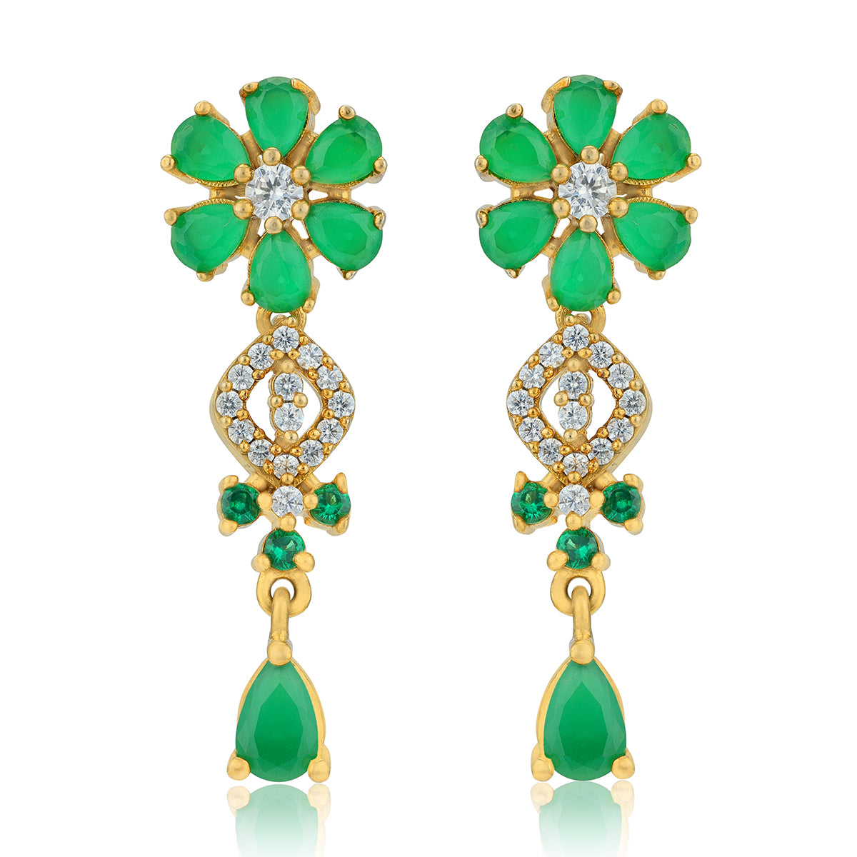 925 Sterling Silver Layered Green Flower Teardrop Gold Plated Earrings for Women