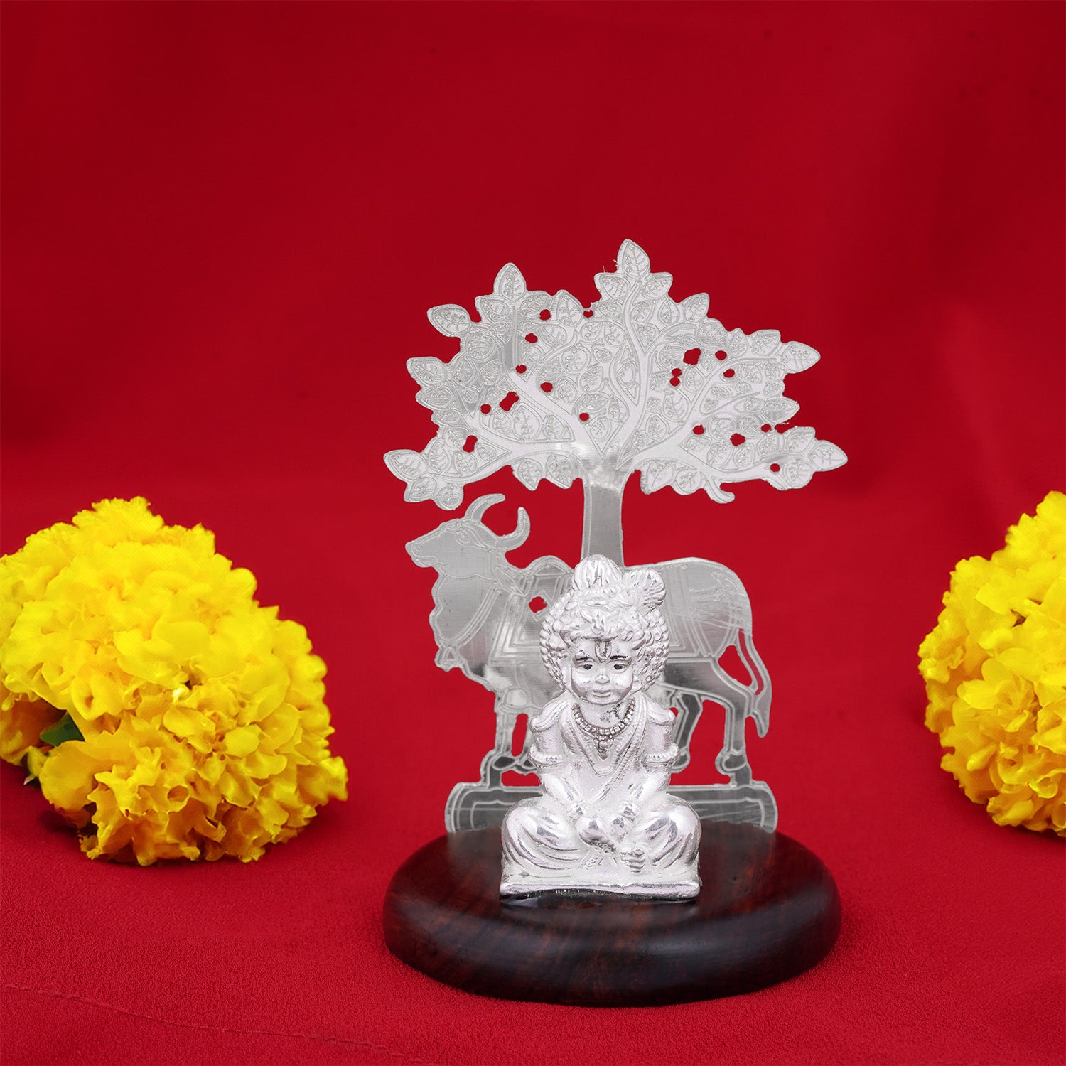925 Sterling Silver Little Krishna with Cow Under Tree Rosewood Base Idol