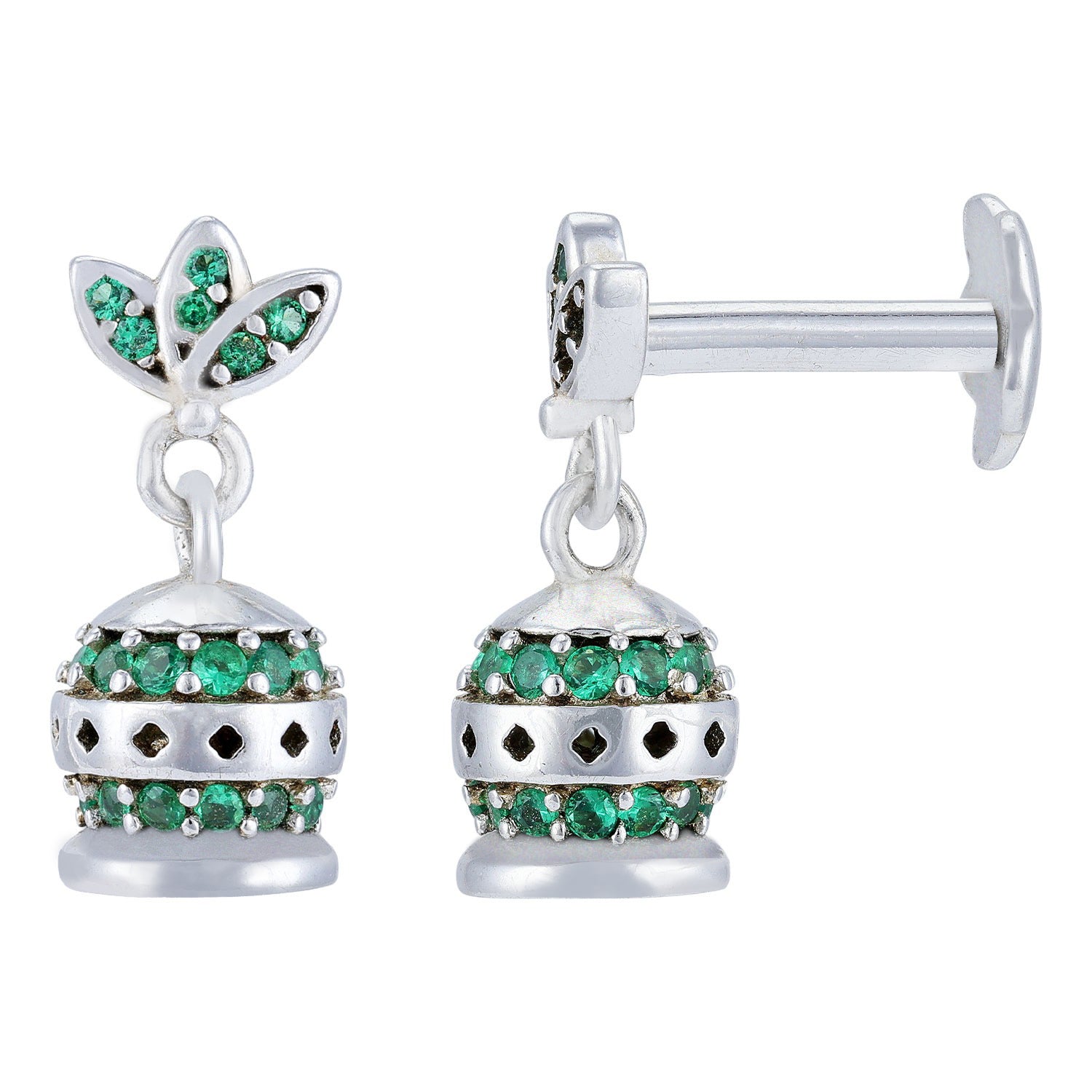 925 Sterling Silver Lotus Petal Studded Emerald Bell Charm Dangle Earring for Women