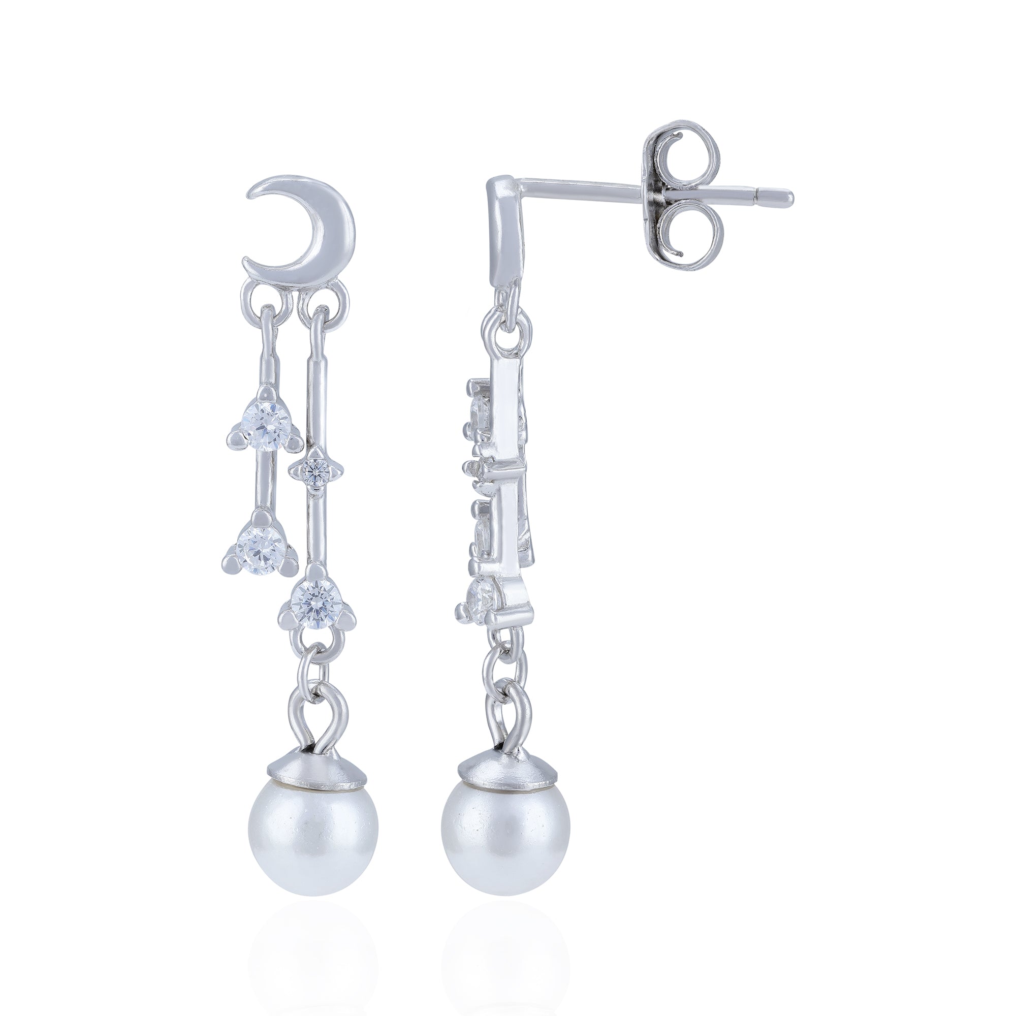 925 Sterling Silver Lunar Crystal Chain Pearl Earring for Women