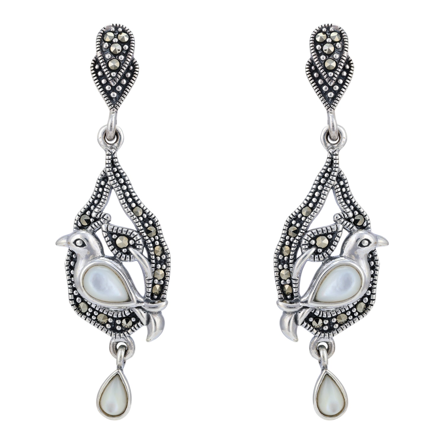 925 Sterling Silver Marcasite Bird Perch Drop Earring for Women