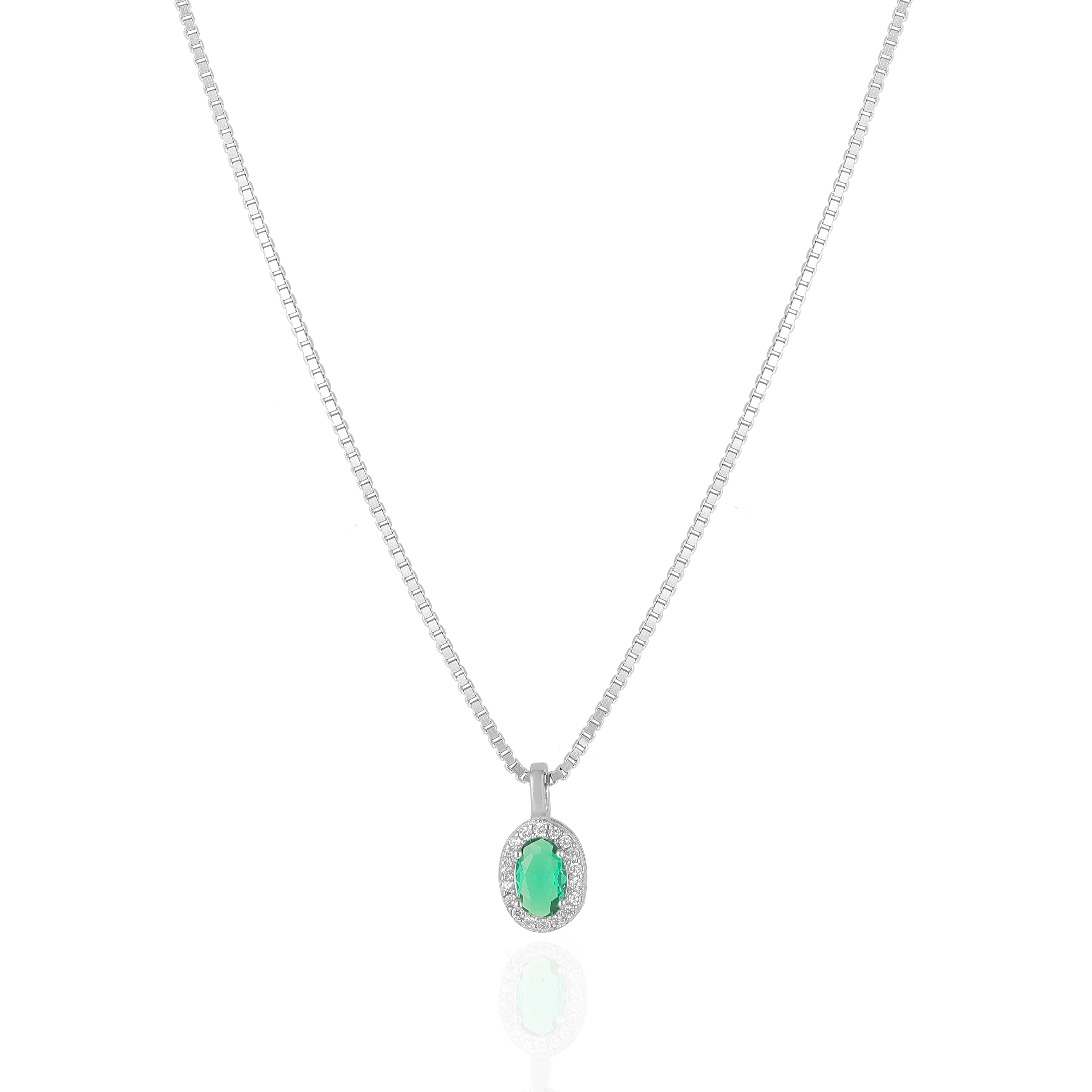925 Sterling Silver May Month Oval Emerald Birthstone Chain Pendant For Women