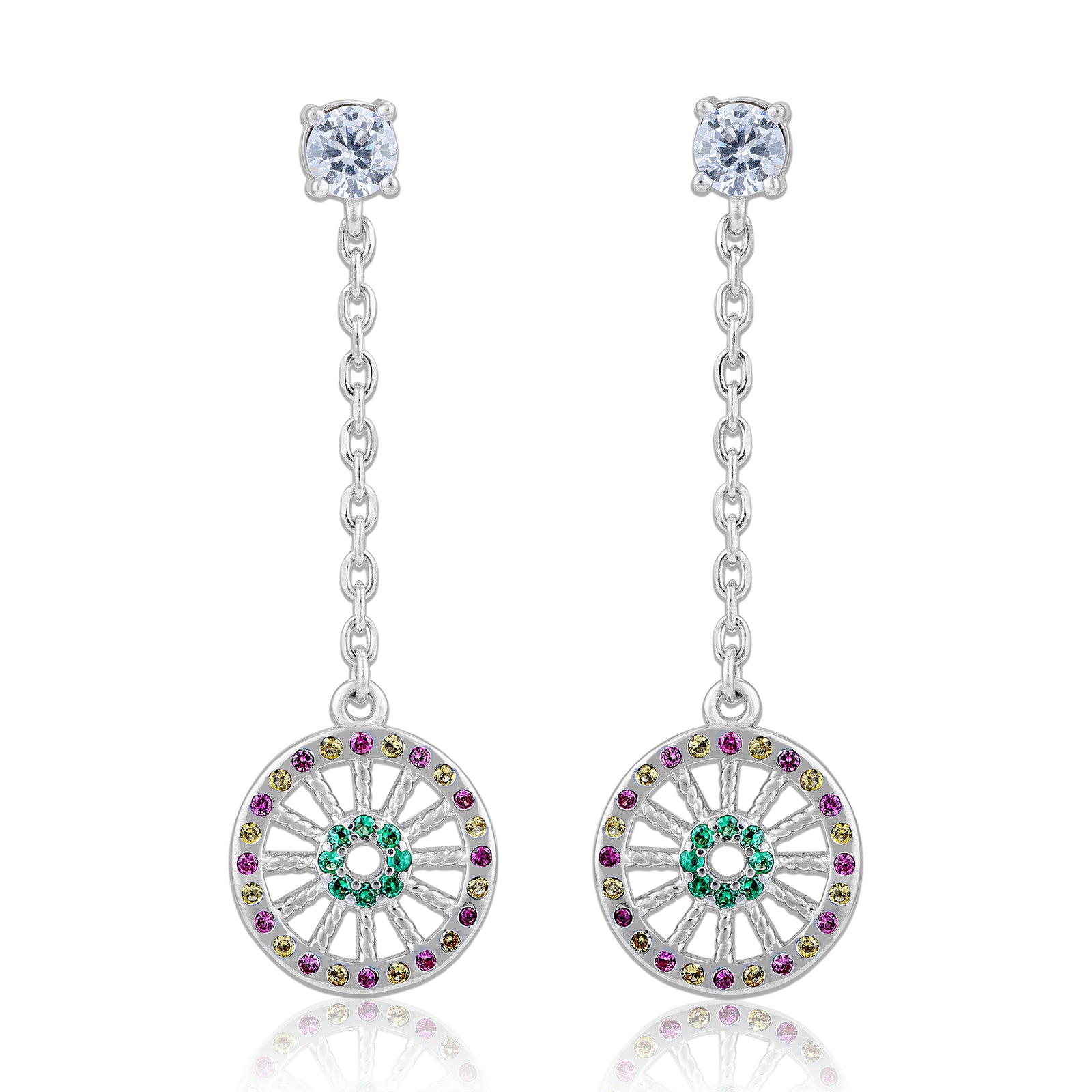 925 Sterling Silver Multicolor Chakra Spoked Disc Hanging Earrings for Women