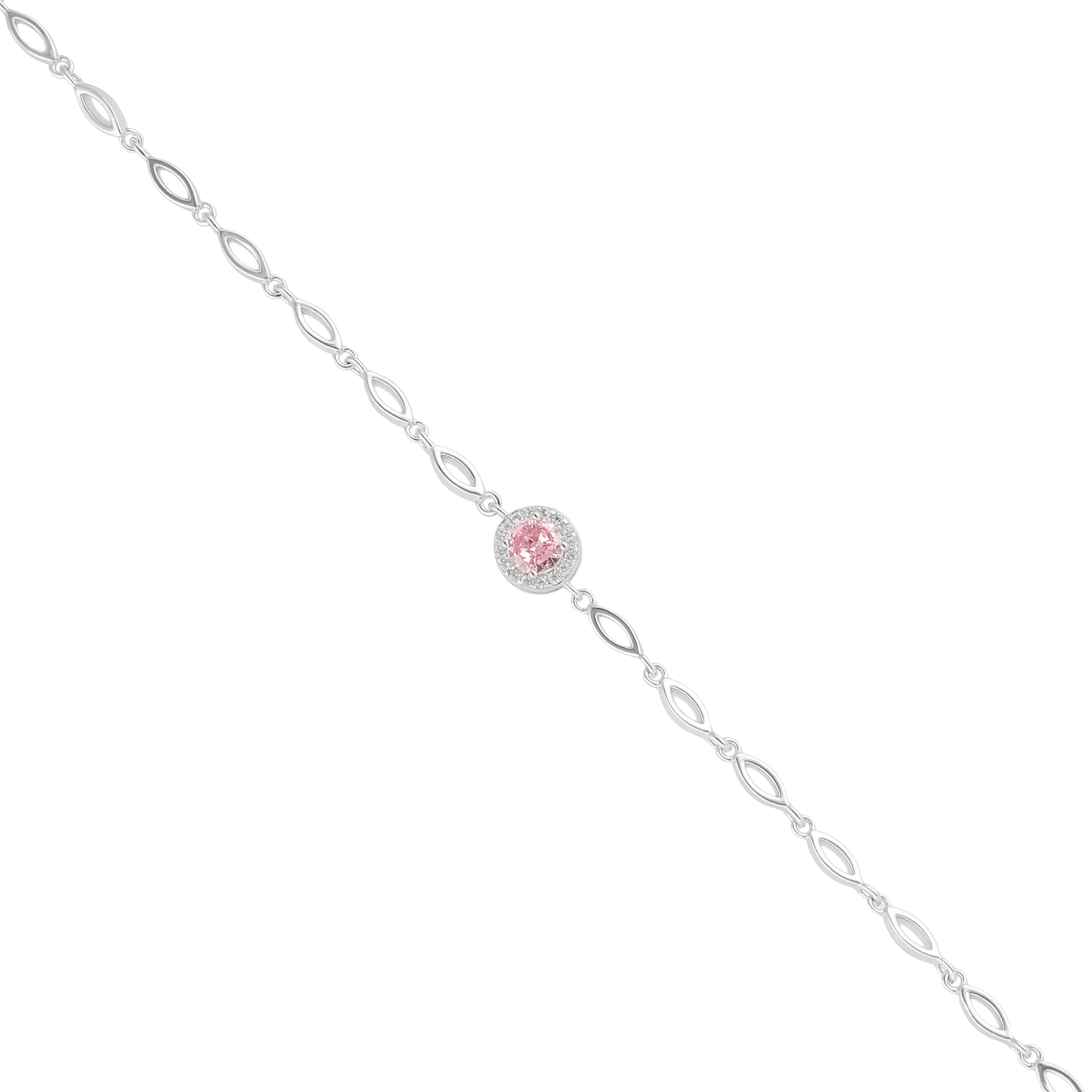 925 Sterling Silver October Month Circle Pink Tourmaline Birthstone Bracelet For Women