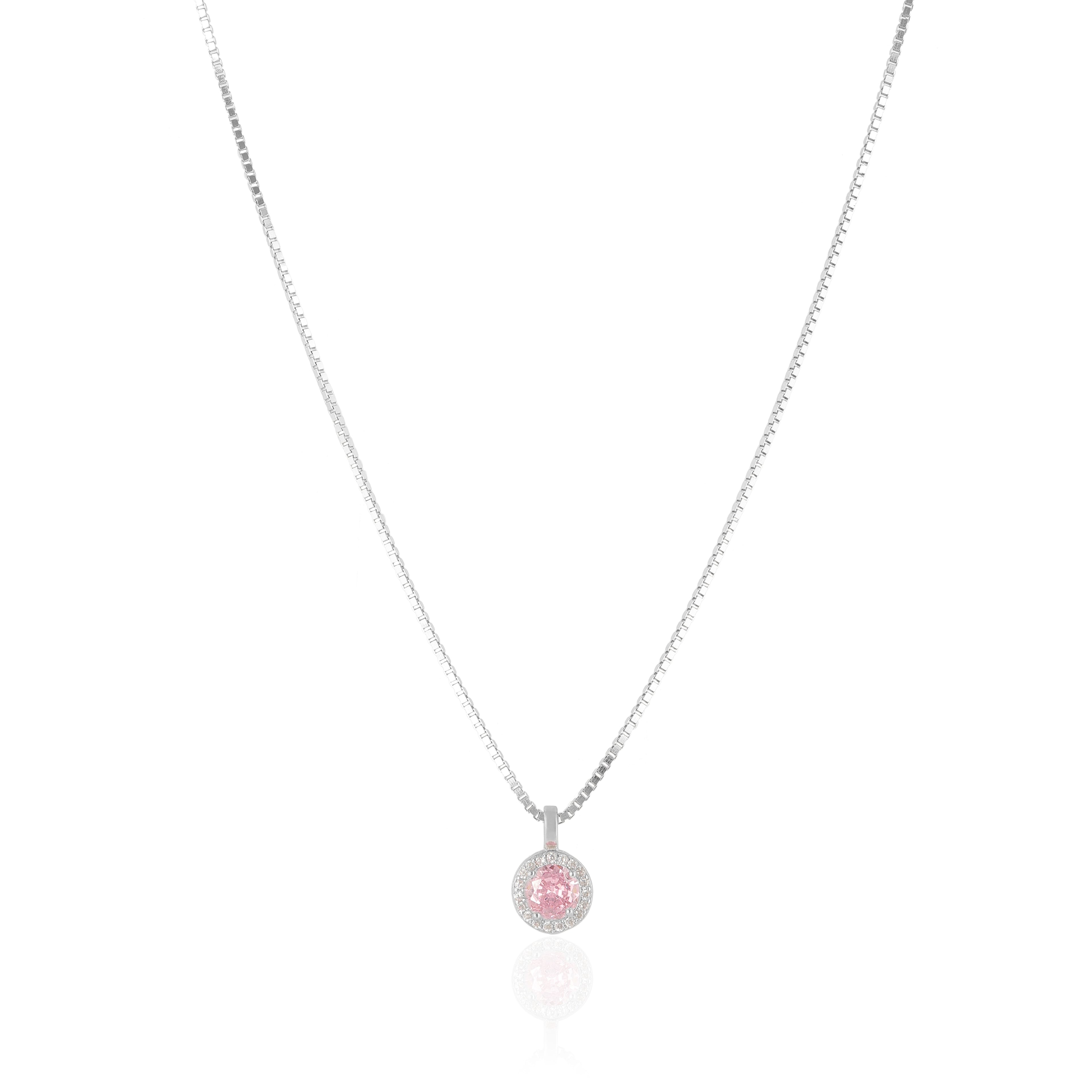925 Sterling Silver October Month Circle Pink Tourmaline Birthstone Chain Pendant For Women