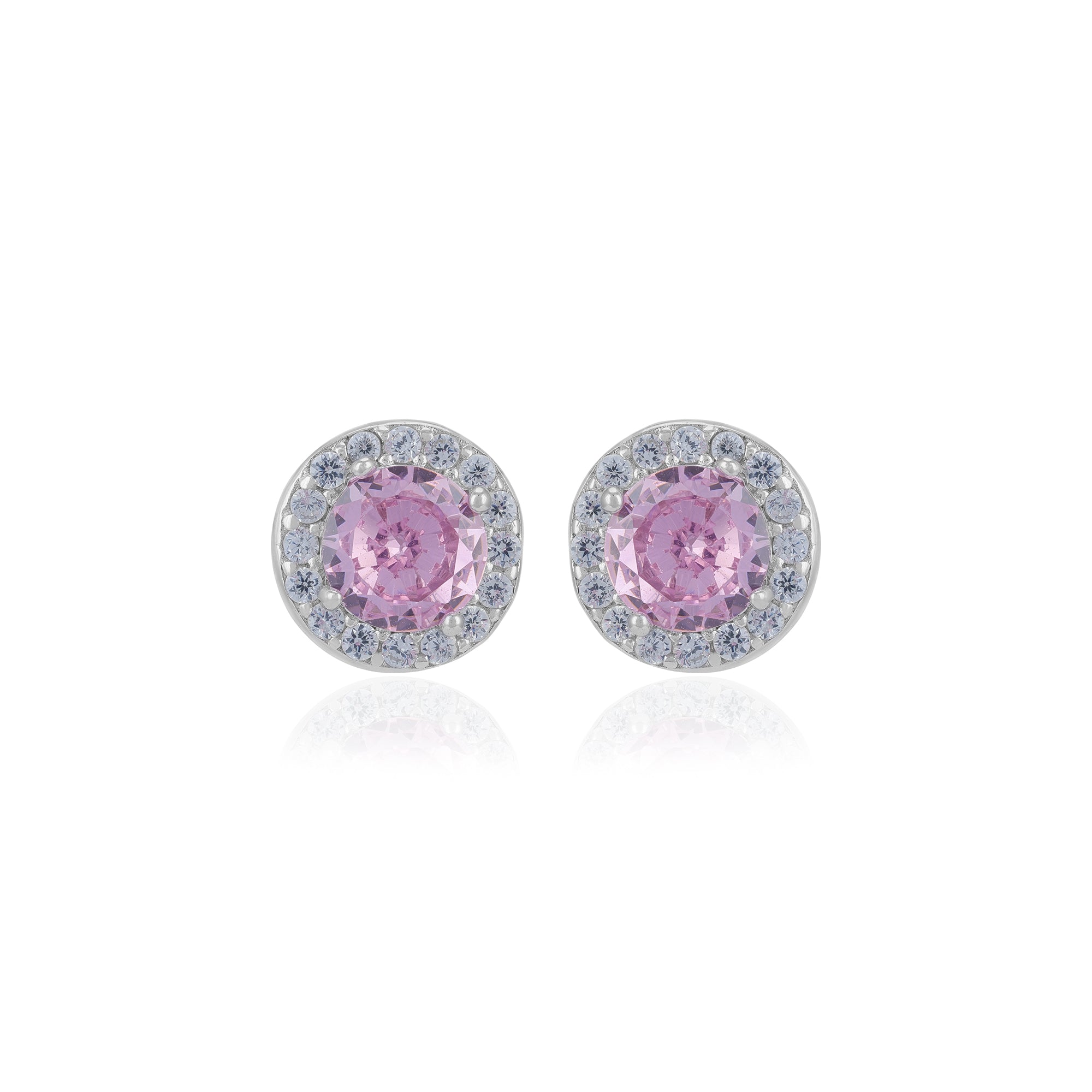 925 Sterling Silver October Month Circle Pink Tourmaline Birthstone Stud For Women