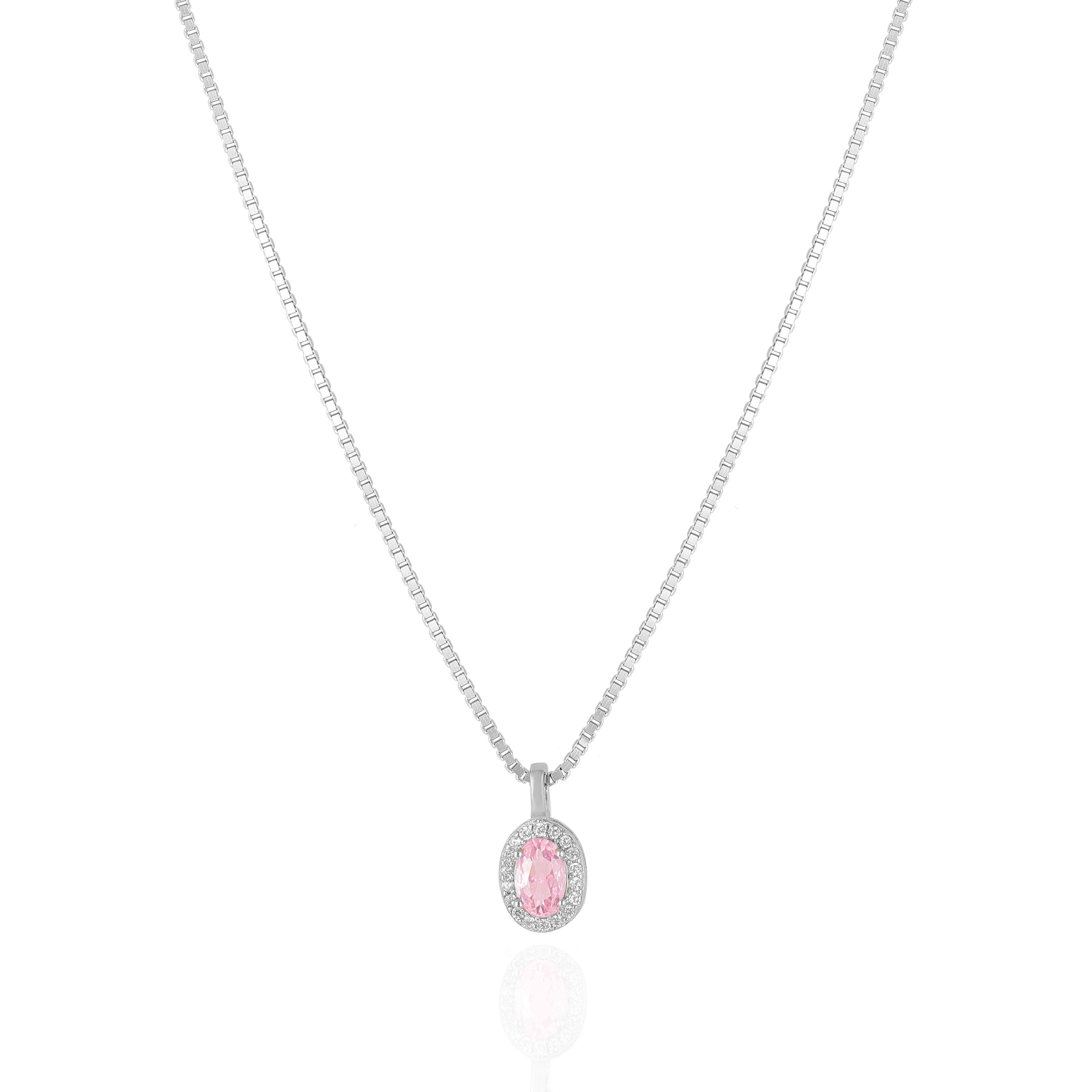 925 Sterling Silver October Month Oval Pink Tourmaline Birthstone Chain Pendant For Women