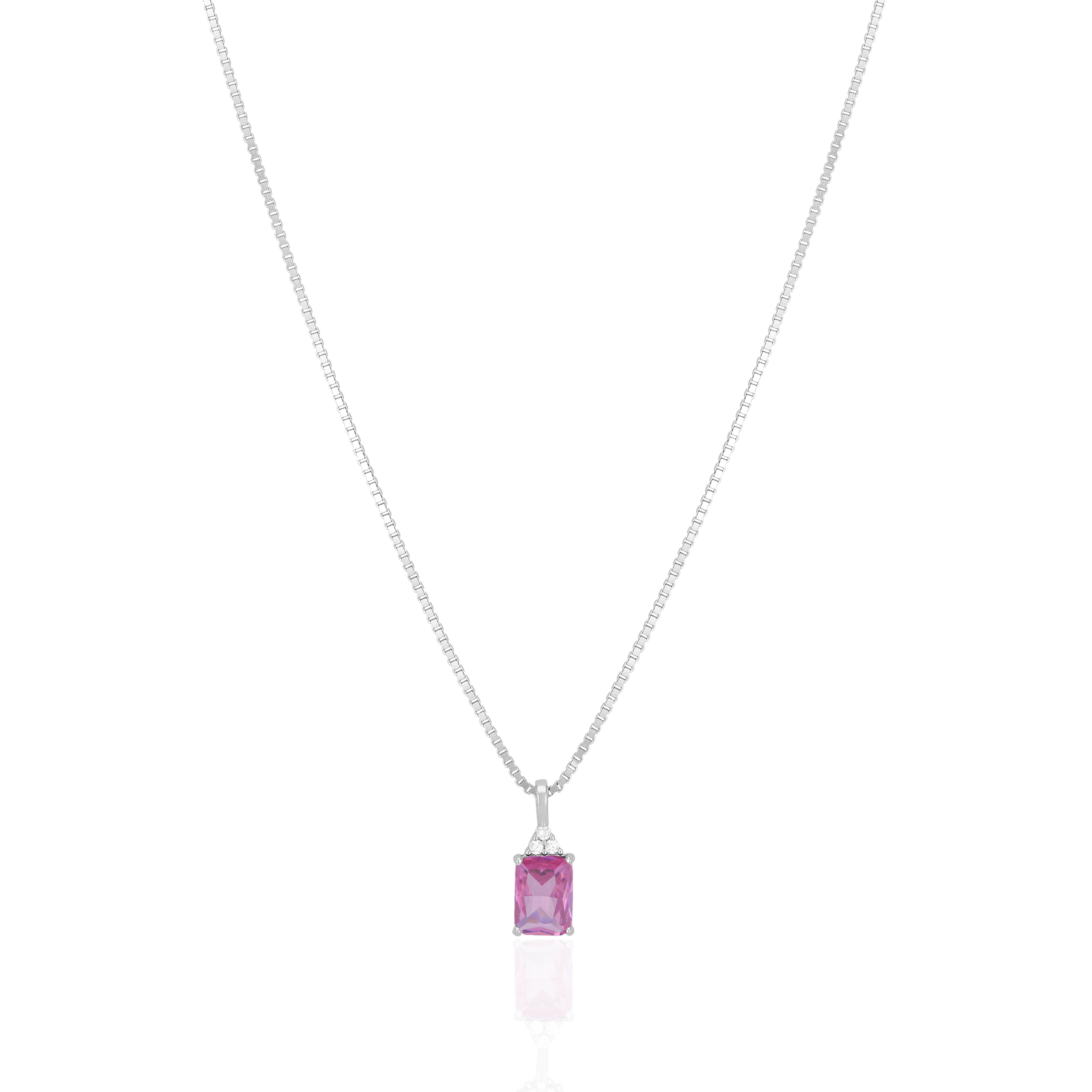 925 Sterling Silver October Month Square Pink Tourmaline Birthstone Chain Pendant For Women