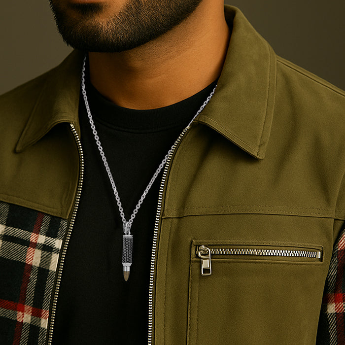 925 Sterling Silver Onyx Firebolt Bullet Pendant for Men