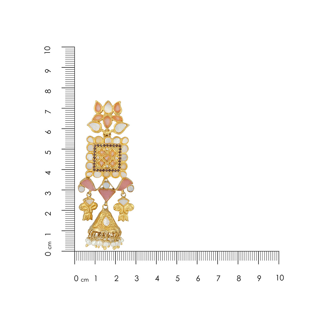 Gold and pink earrings with a ruler for scale on a white background