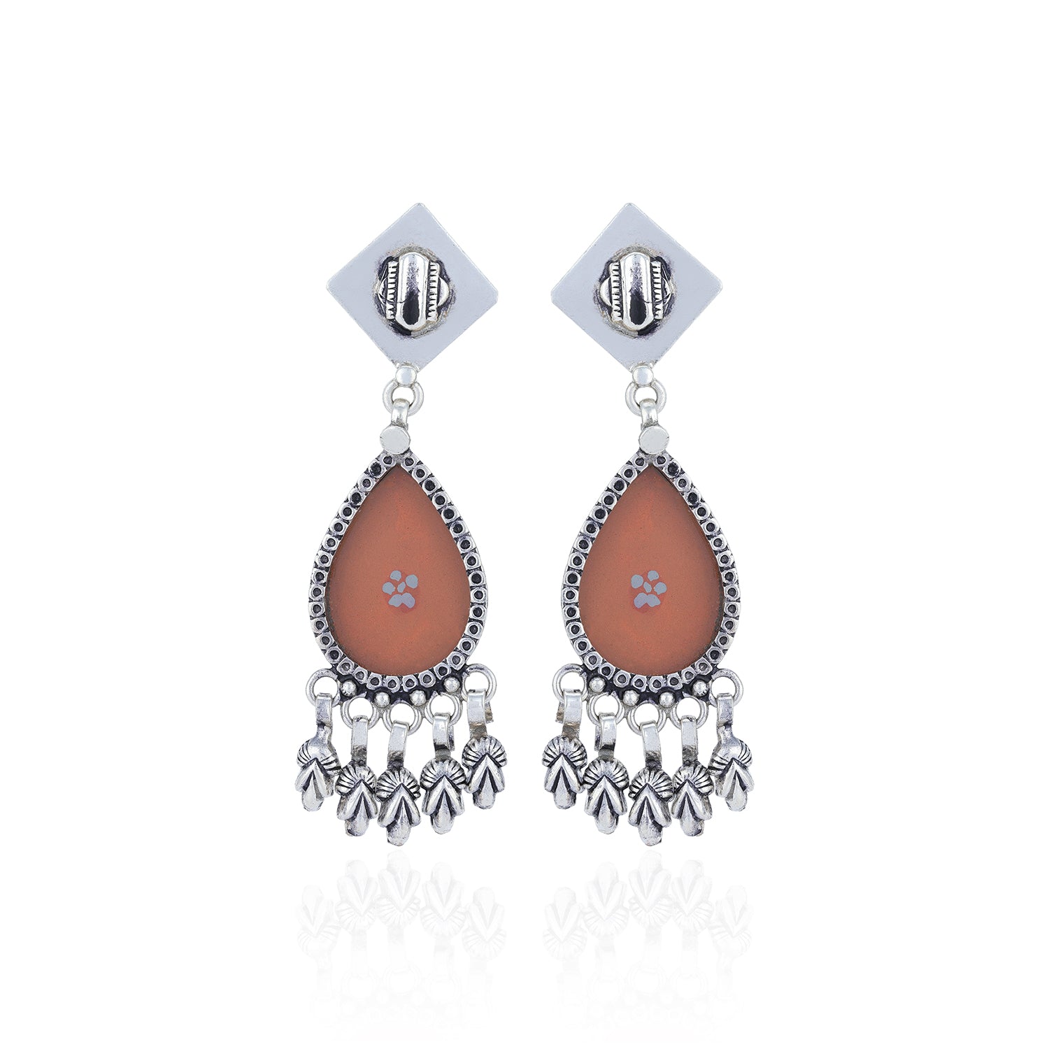 Pair of earrings with teardrop-shaped brown stones and silver accents on a white background