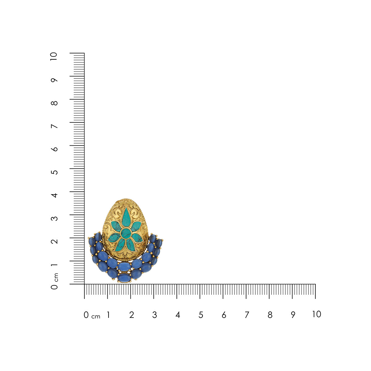 Gold and blue decorative item with a ruler for scale on a white background