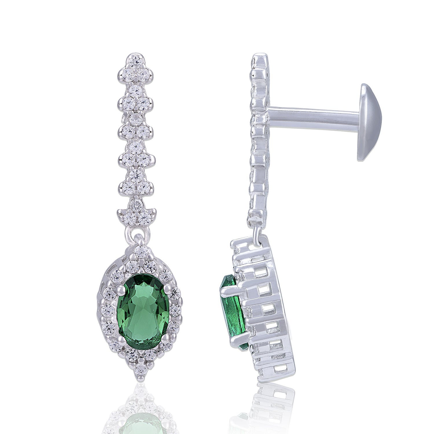 925 Sterling Silver Oval Green Stone and Halo Long Drop Earring for Women