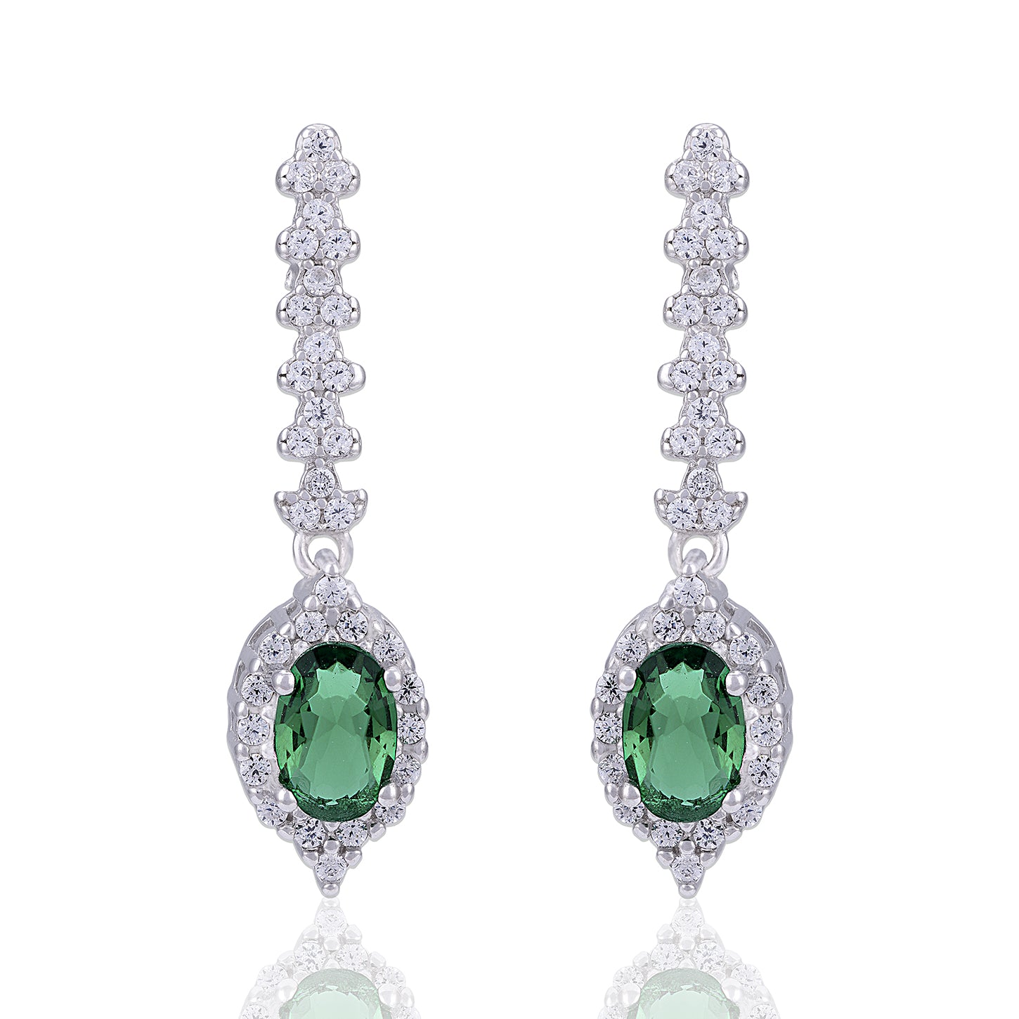 925 Sterling Silver Oval Green Stone and Halo Long Drop Earring for Women