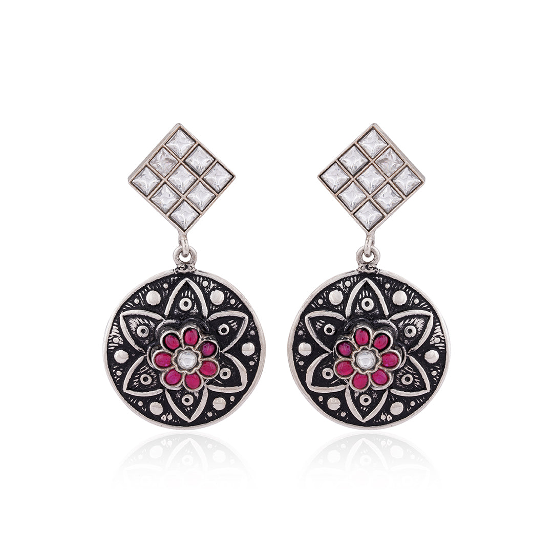 925 Sterling Silver Oxidised Red Polki Earring