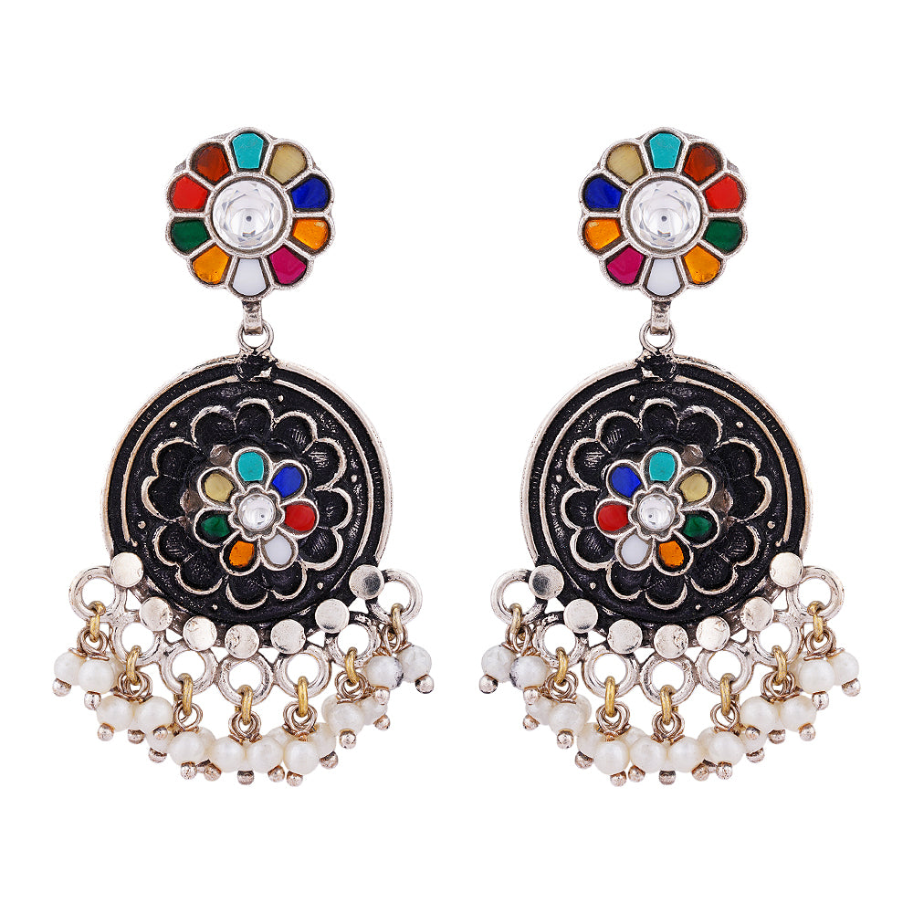 925 Sterling Silver Oxidized Navaratana Earring