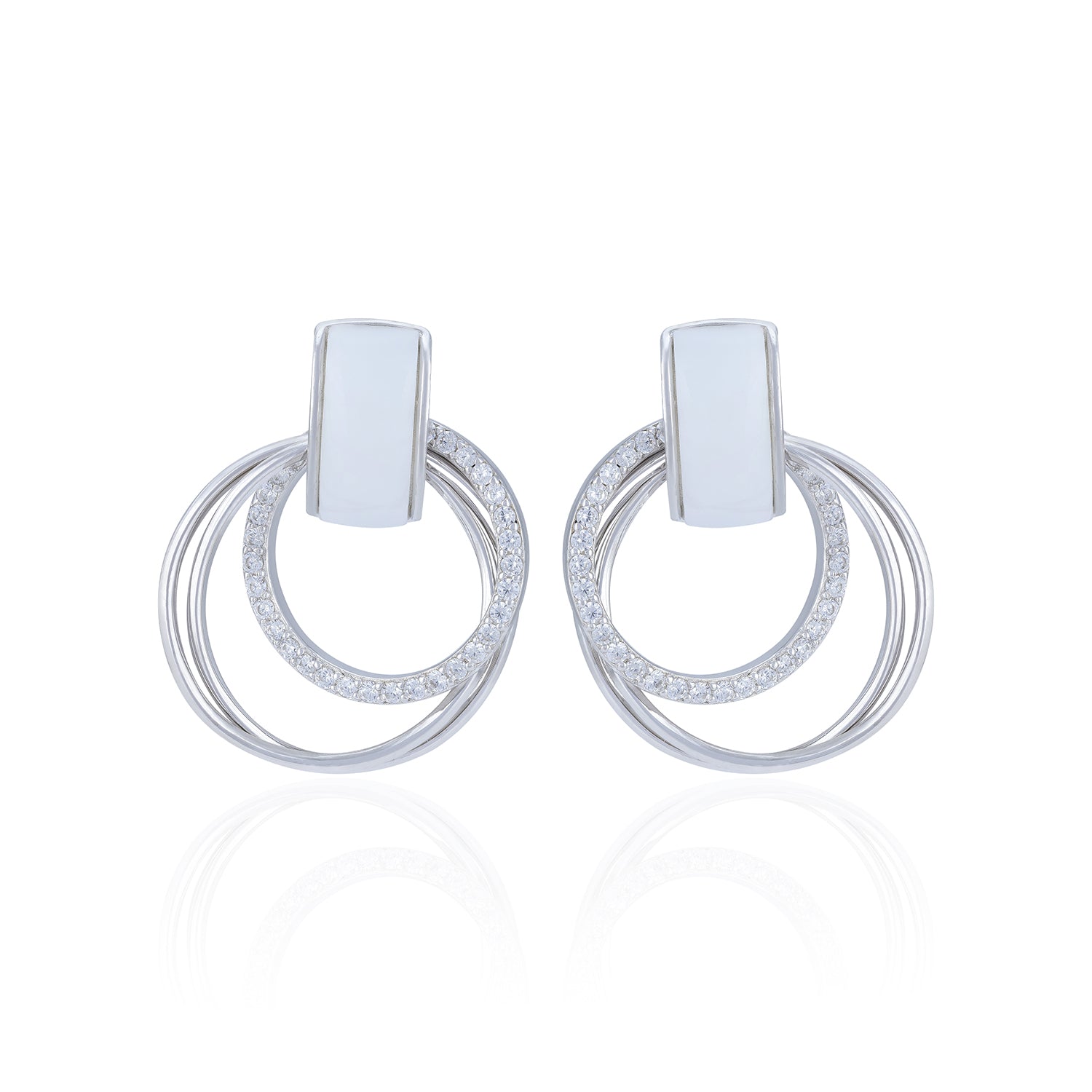 Pair of silver hoop earrings with small stones on a white background
