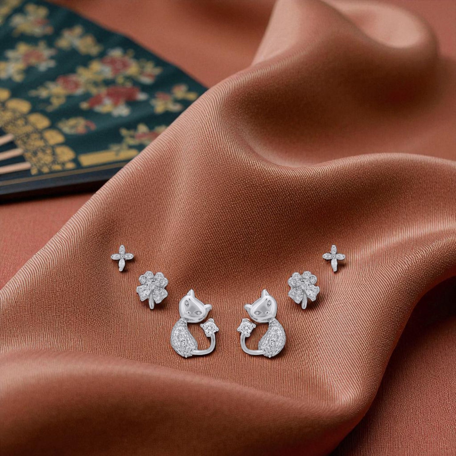 925 Sterling Silver Paw & Petals Multi-Pierced Ear Set for Women