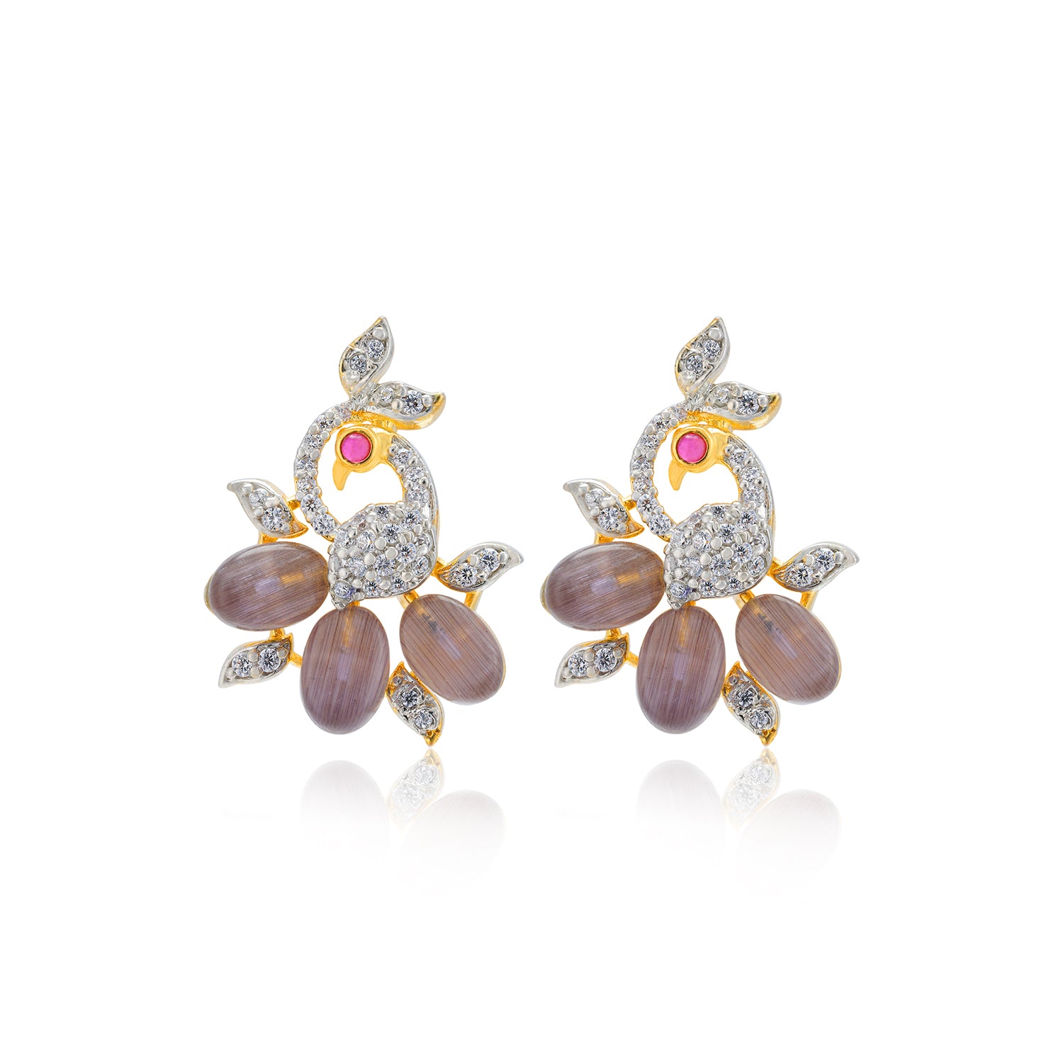 925 Sterling Silver Peacock Shape Grey Cabochon Drop Gold Plated Earrings For Women