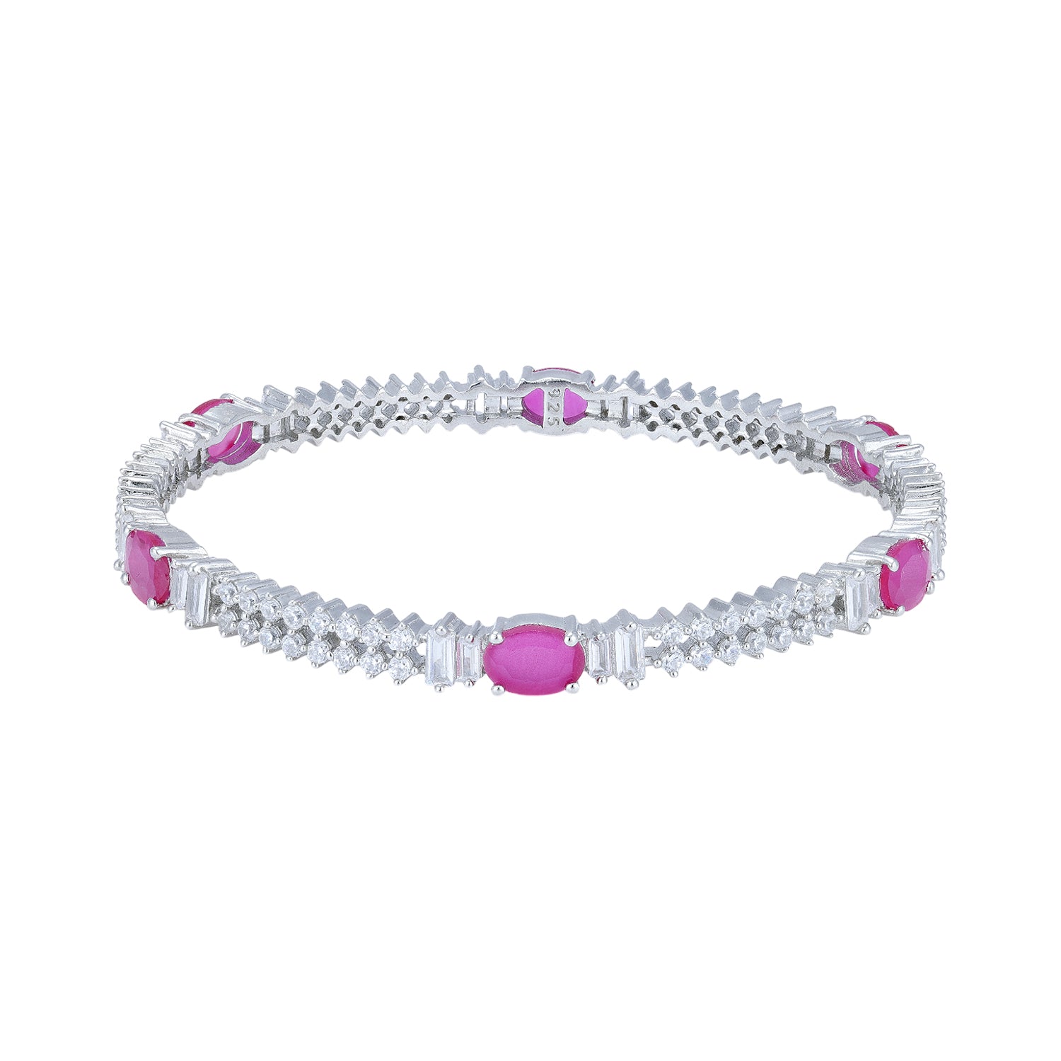 925 Sterling Silver Pink Oval Zigzag Baguette Bangle for Women